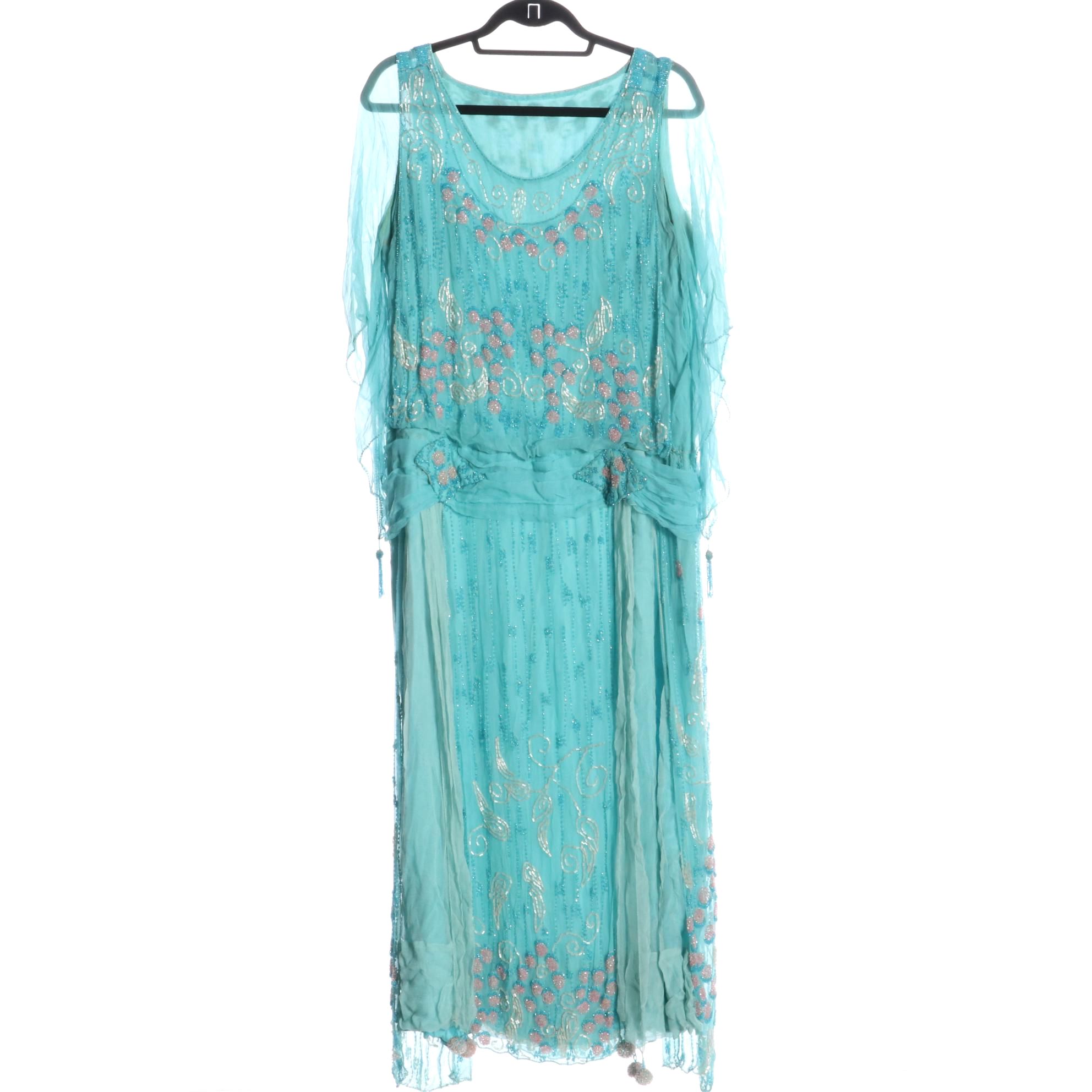 Dropped Waist Flapper Style Dress in Glass Bead Draped Silk Chiffon, circa 1920