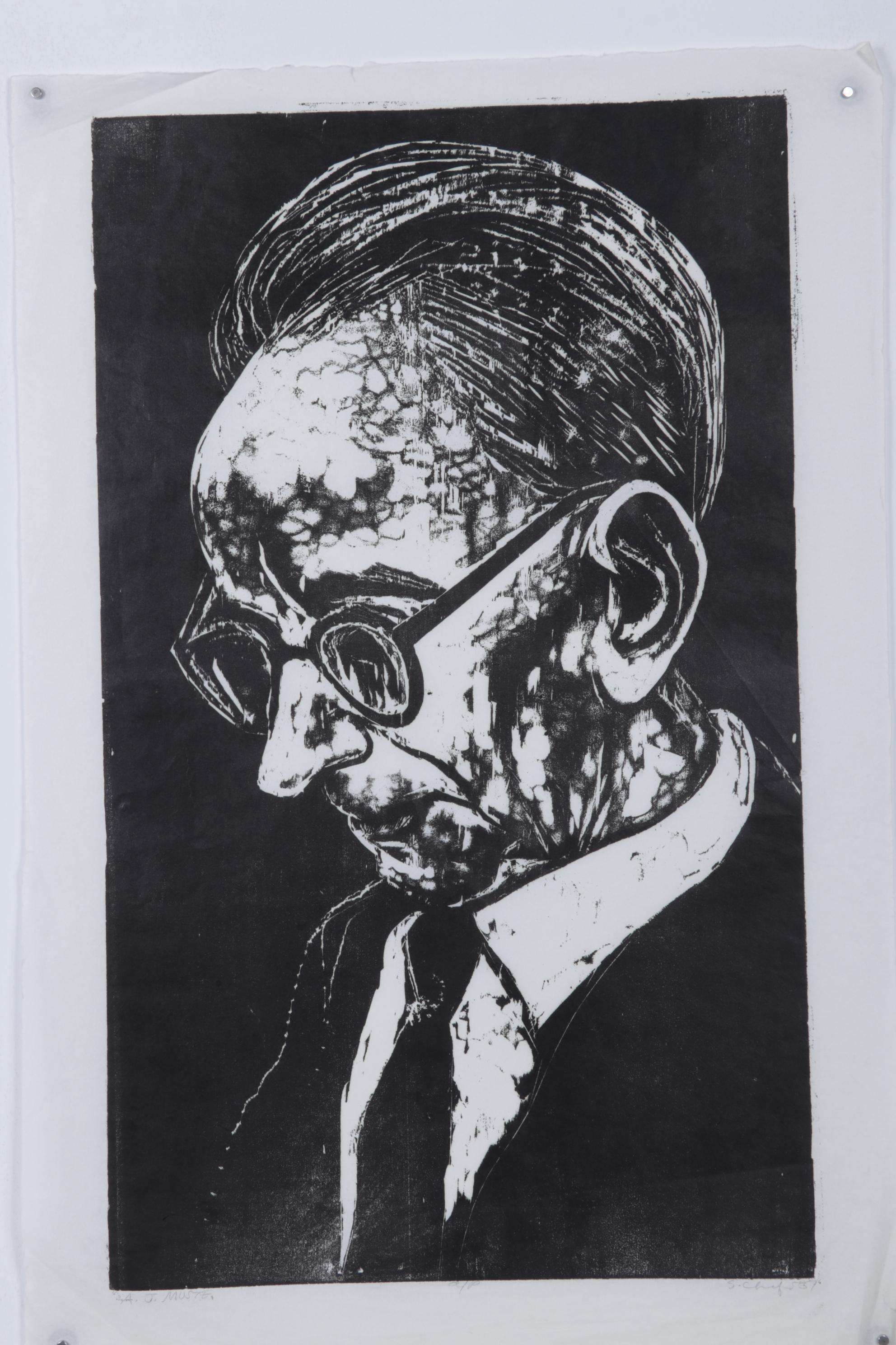 Sidney Chafetz Woodcut "A. J. Muste," 1967