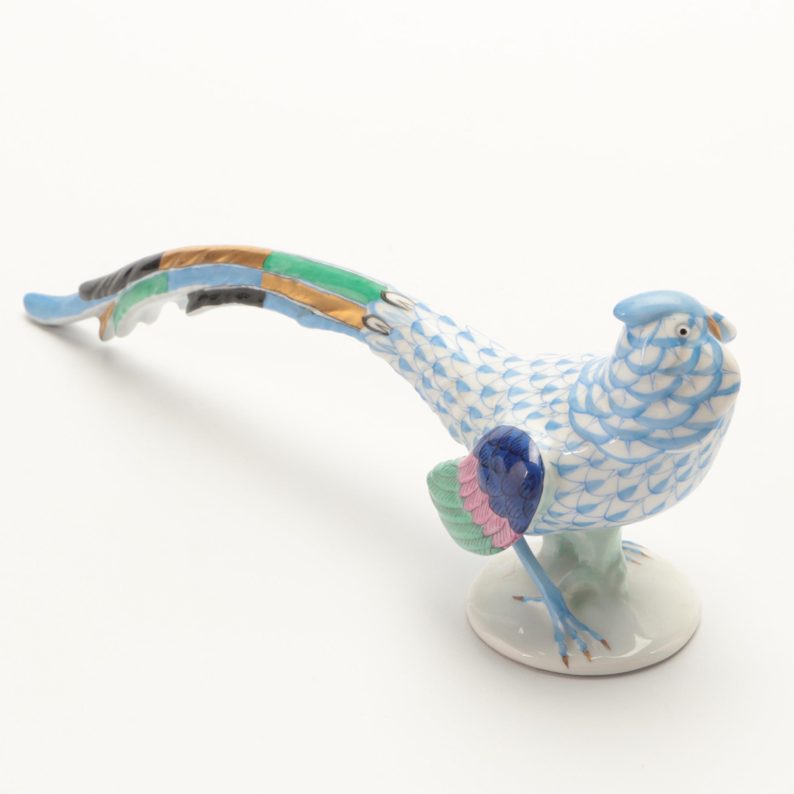 Herend Blue Fishnet with Gold Porcelain Pheasant Figurine