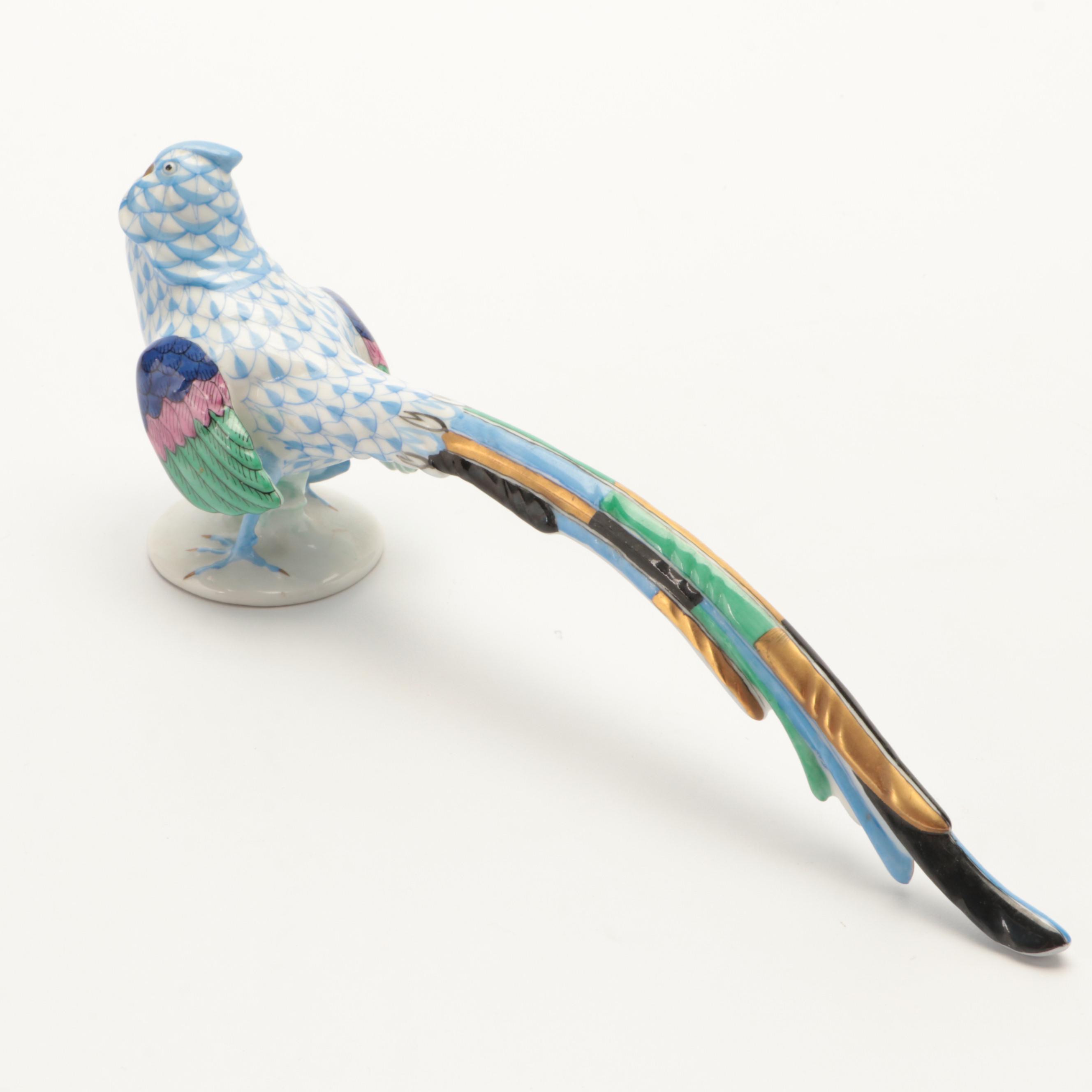Herend Blue Fishnet with Gold Porcelain Pheasant Figurine