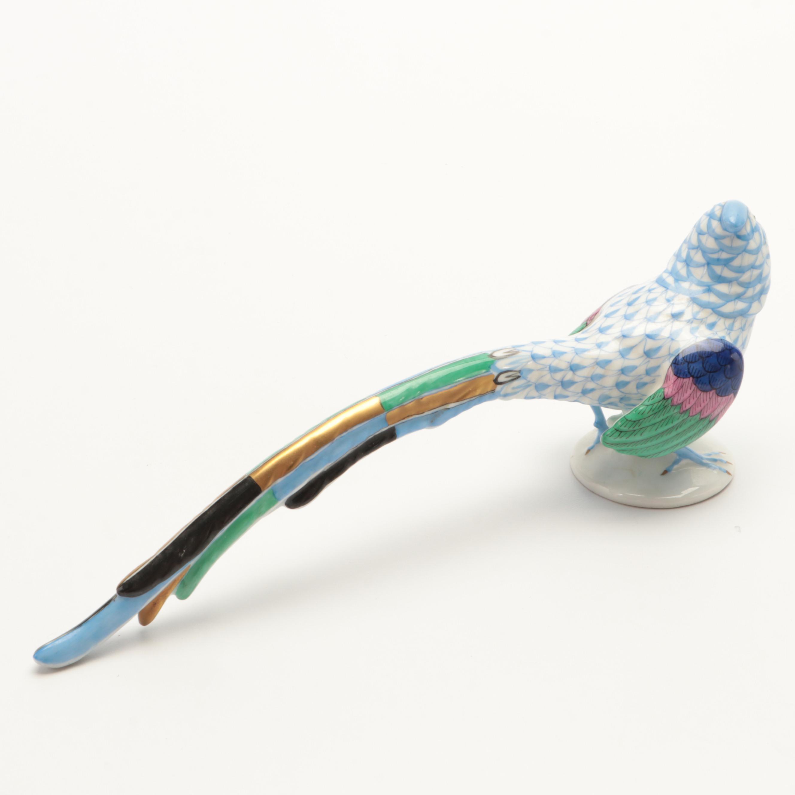 Herend Blue Fishnet with Gold Porcelain Pheasant Figurine