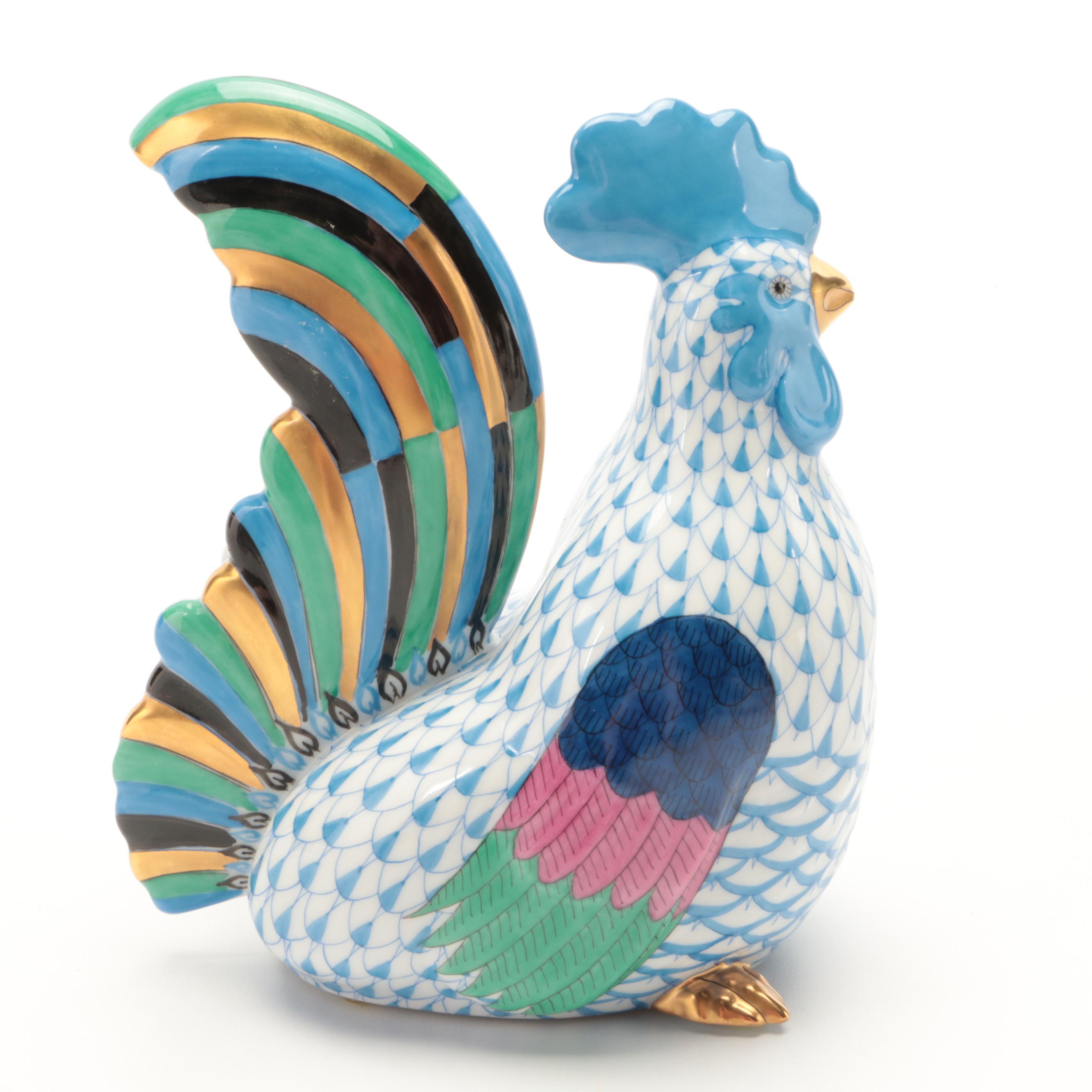 Herend Blue Fishnet with Gold "Rooster" Porcelain Figurine