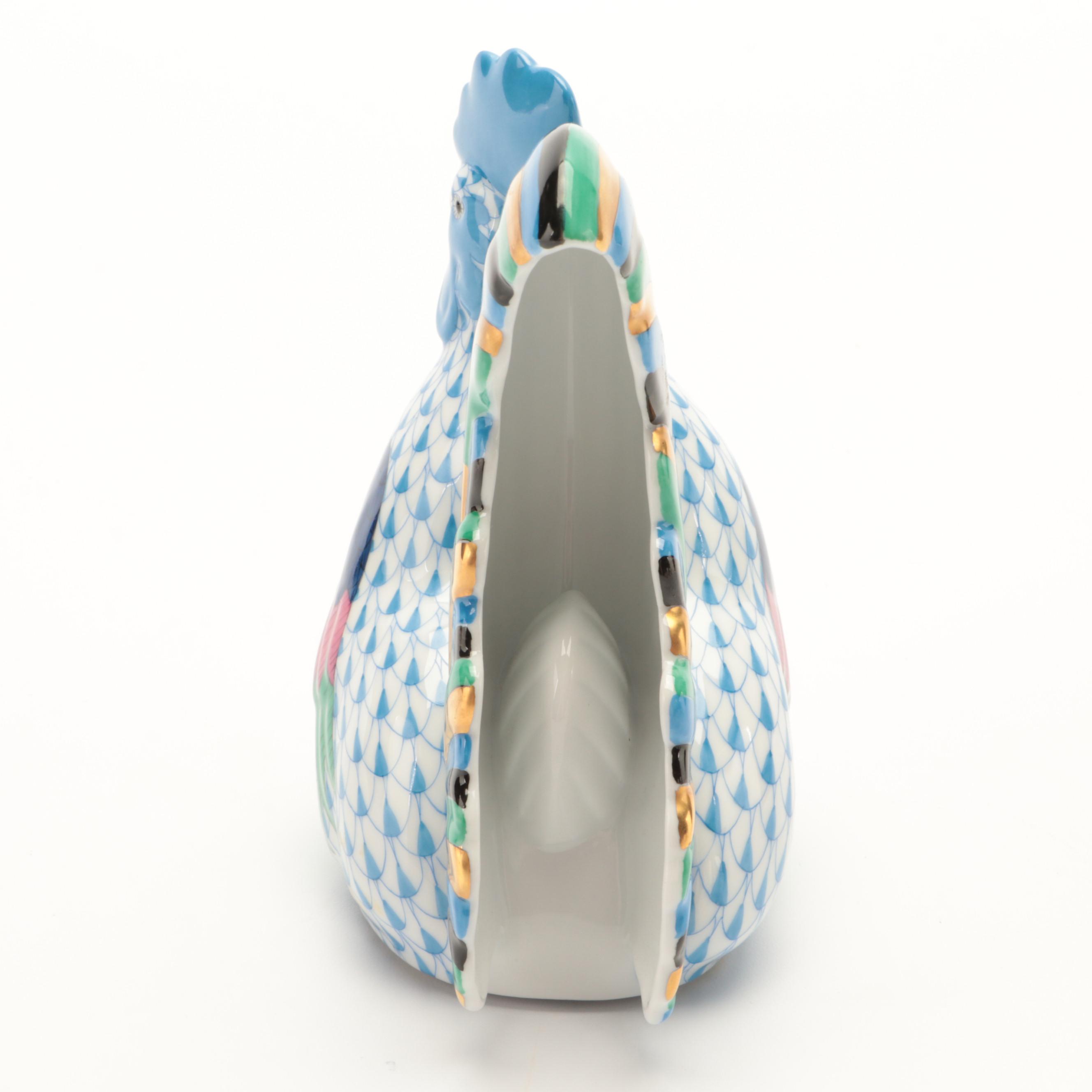 Herend Blue Fishnet with Gold "Rooster" Porcelain Figurine