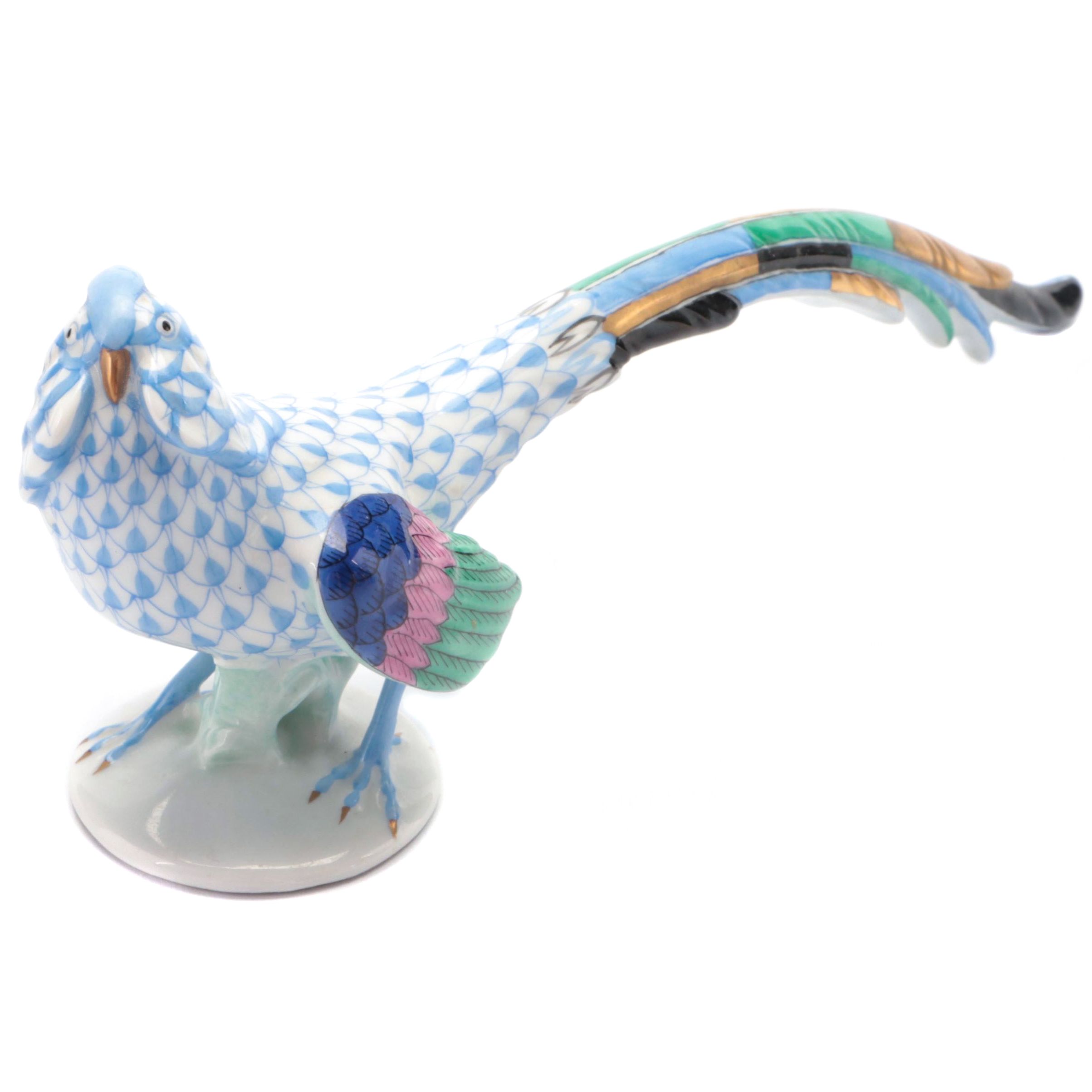 Herend Blue Fishnet with Gold Porcelain Pheasant Figurine