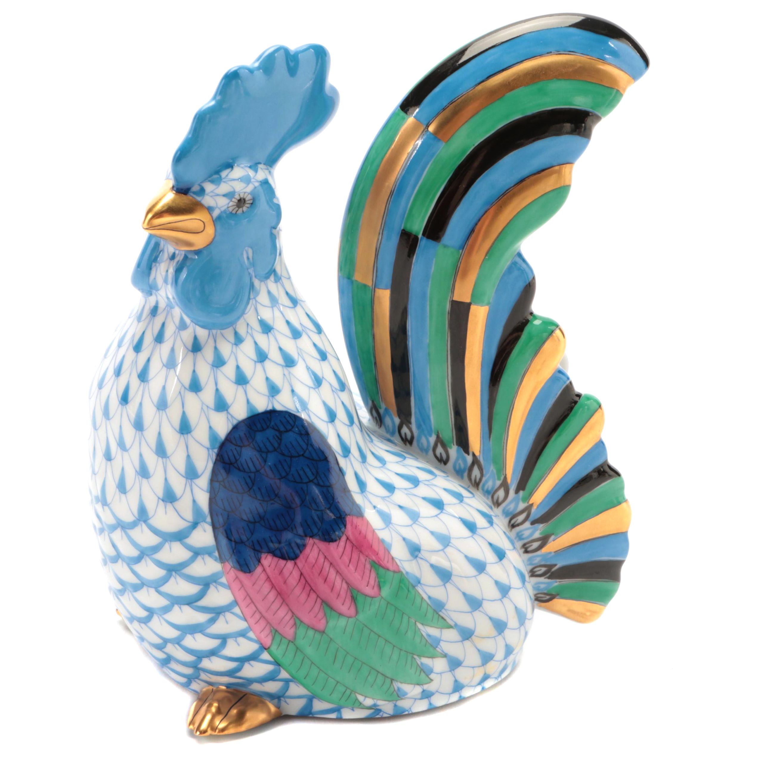 Herend Blue Fishnet with Gold "Rooster" Porcelain Figurine