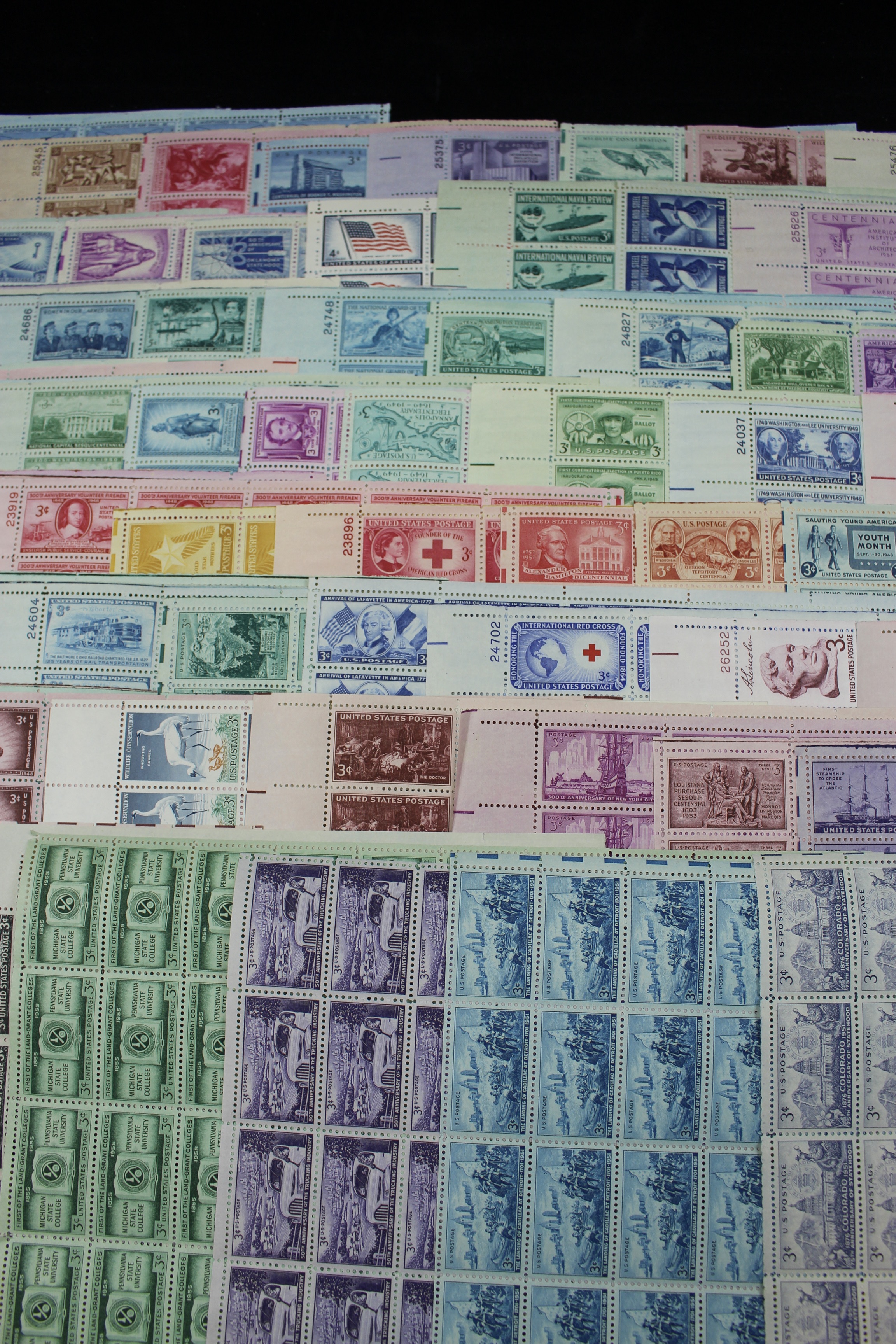 Seventy-Five Different 3-Cent Postage Stamp Sheets, 1940s and 1950s