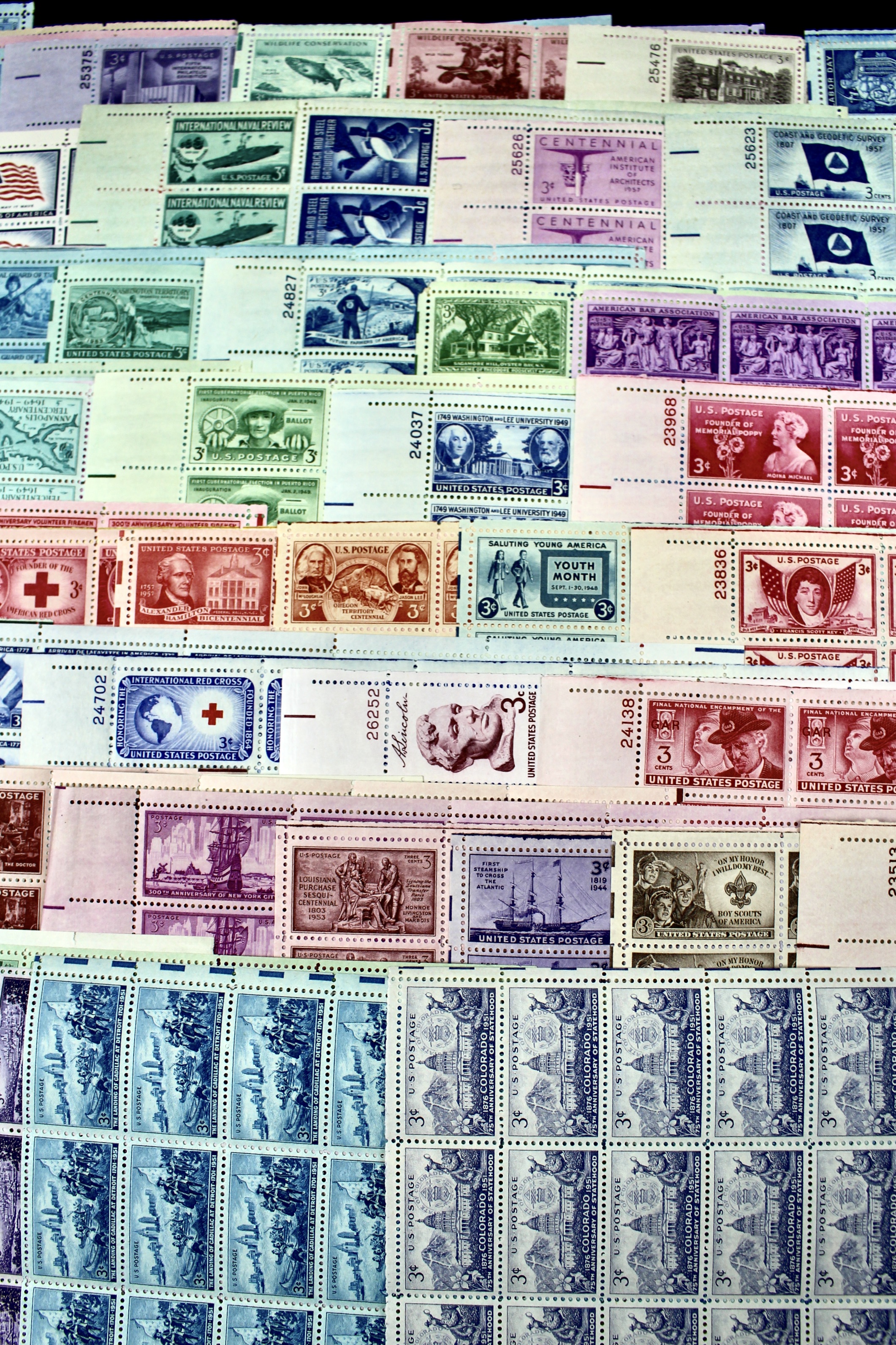 Seventy-Five Different 3-Cent Postage Stamp Sheets, 1940s and 1950s