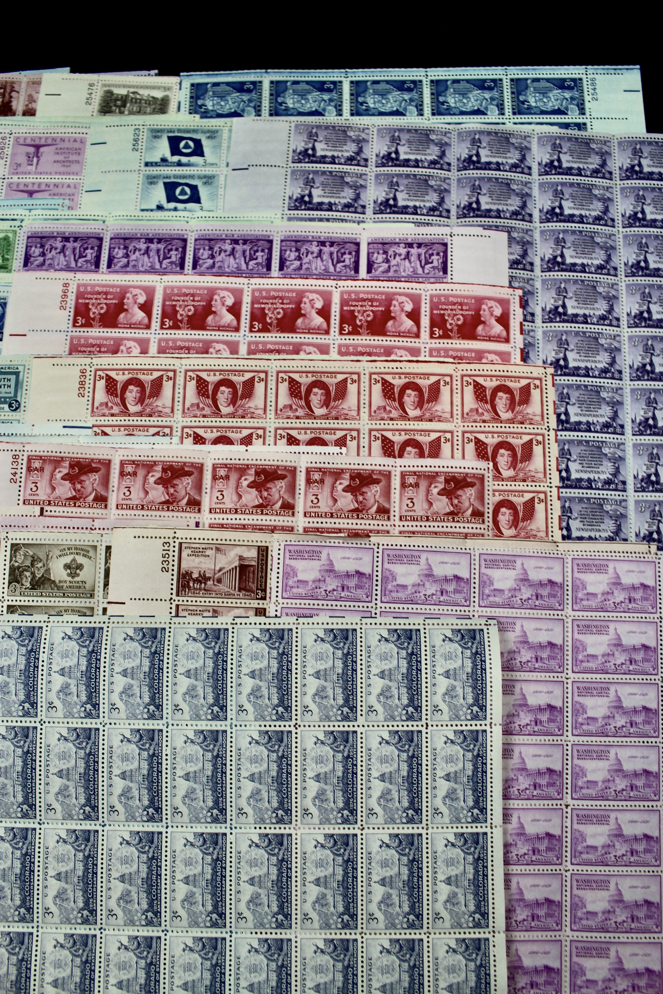 Seventy-Five Different 3-Cent Postage Stamp Sheets, 1940s and 1950s