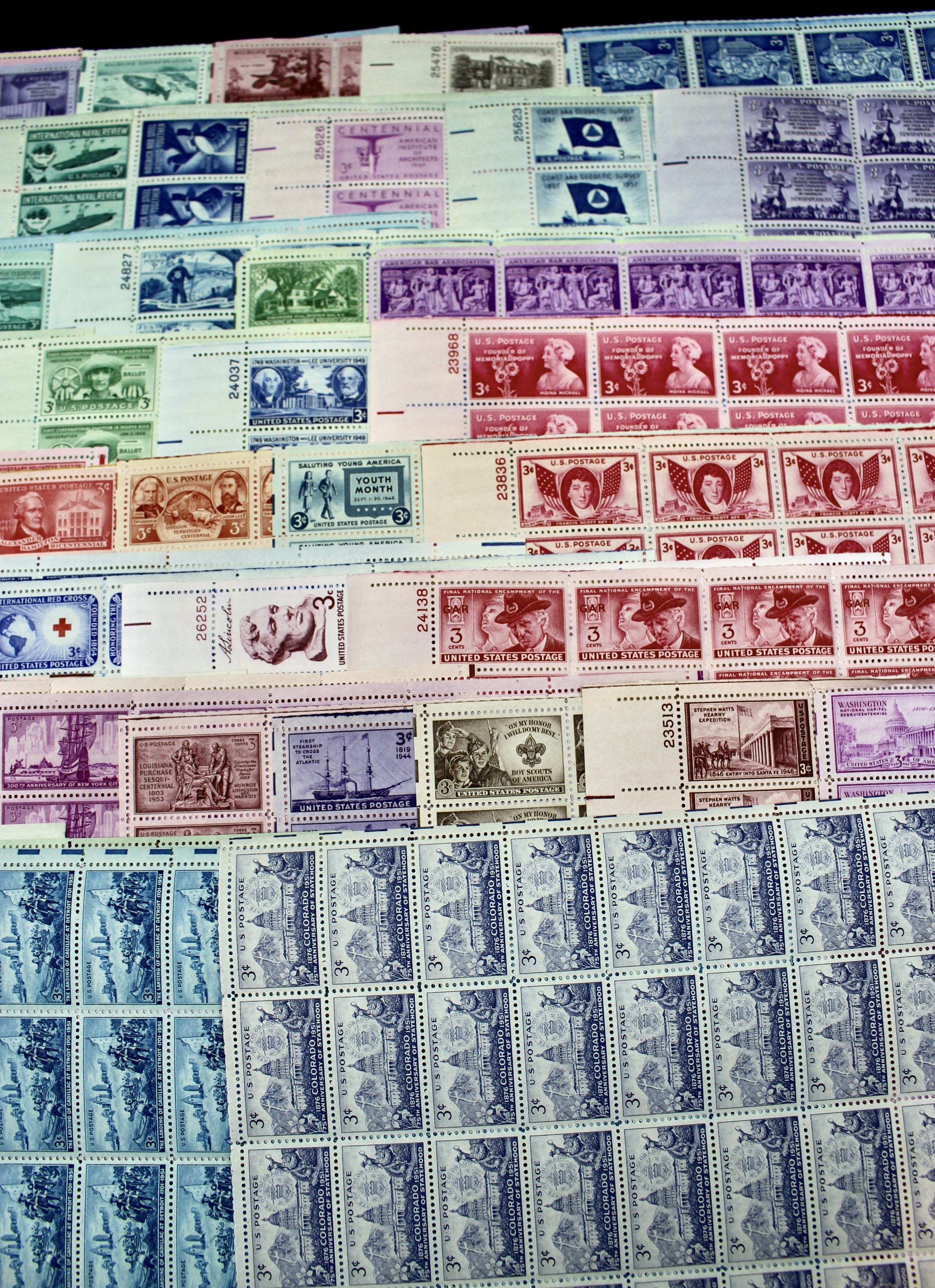 Seventy-Five Different 3-Cent Postage Stamp Sheets, 1940s and 1950s