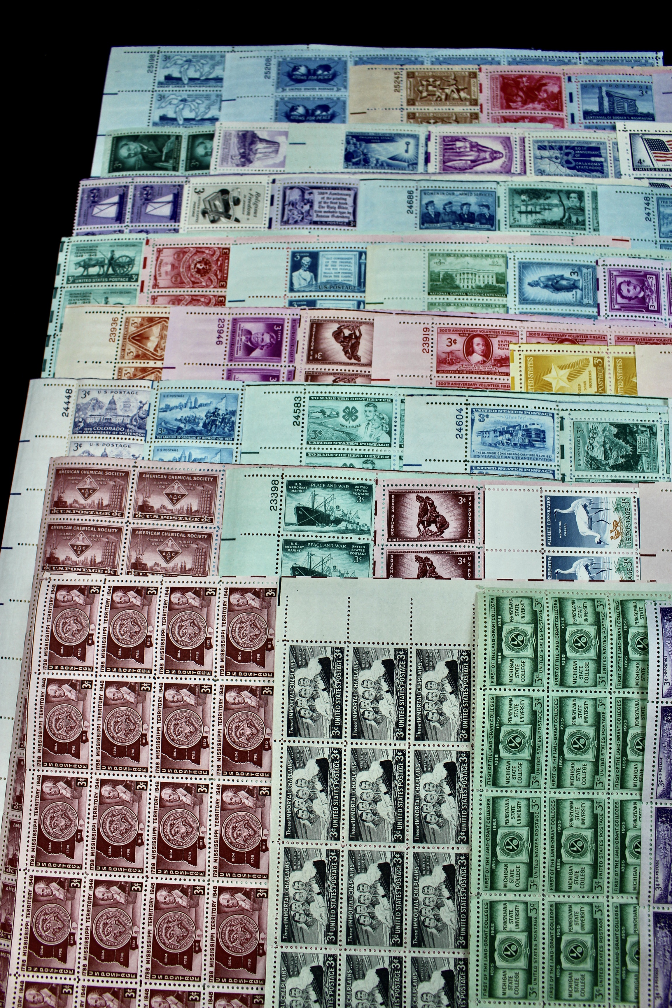 Seventy-Five Different 3-Cent Postage Stamp Sheets, 1940s and 1950s