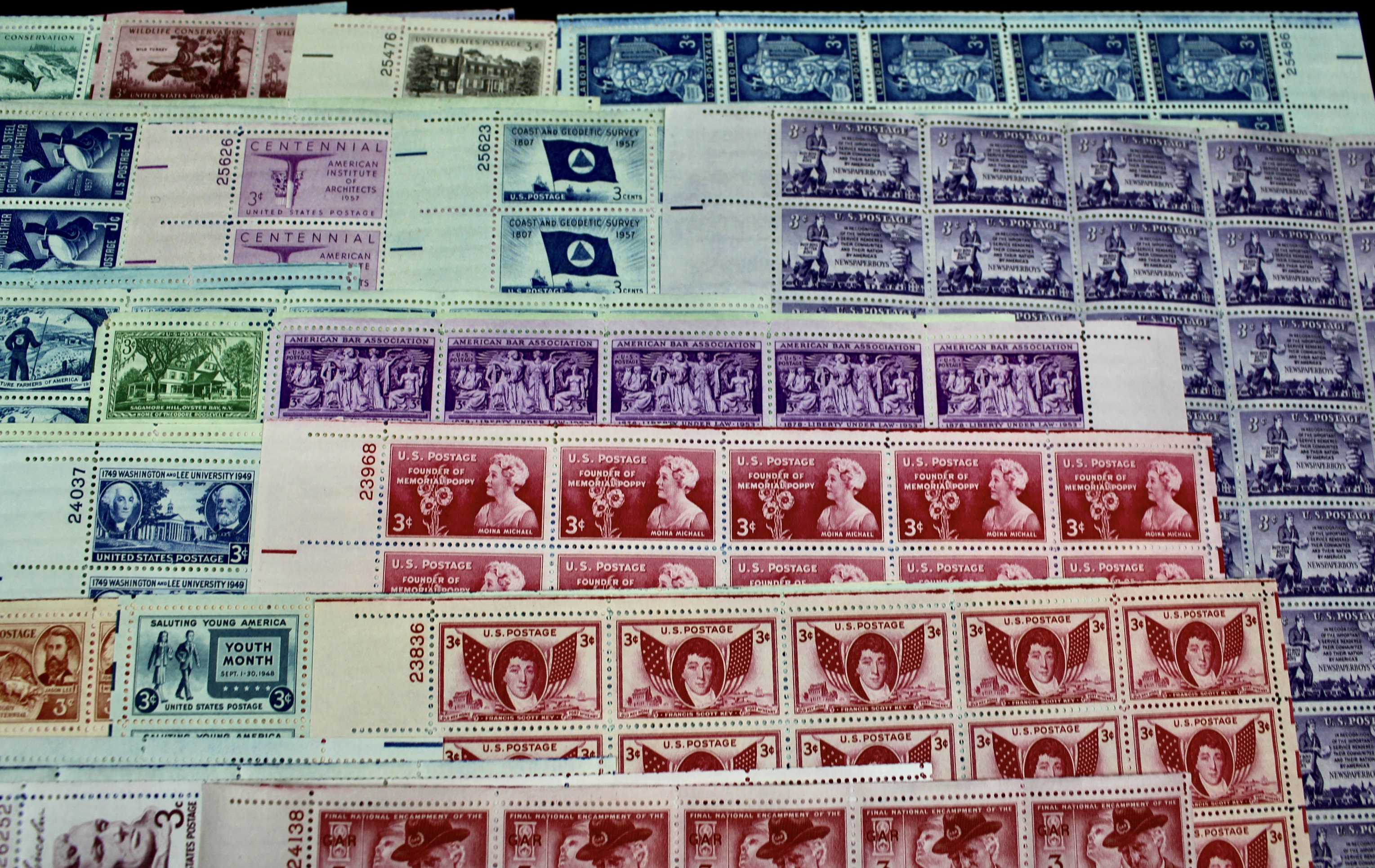 Seventy-Five Different 3-Cent Postage Stamp Sheets, 1940s and 1950s