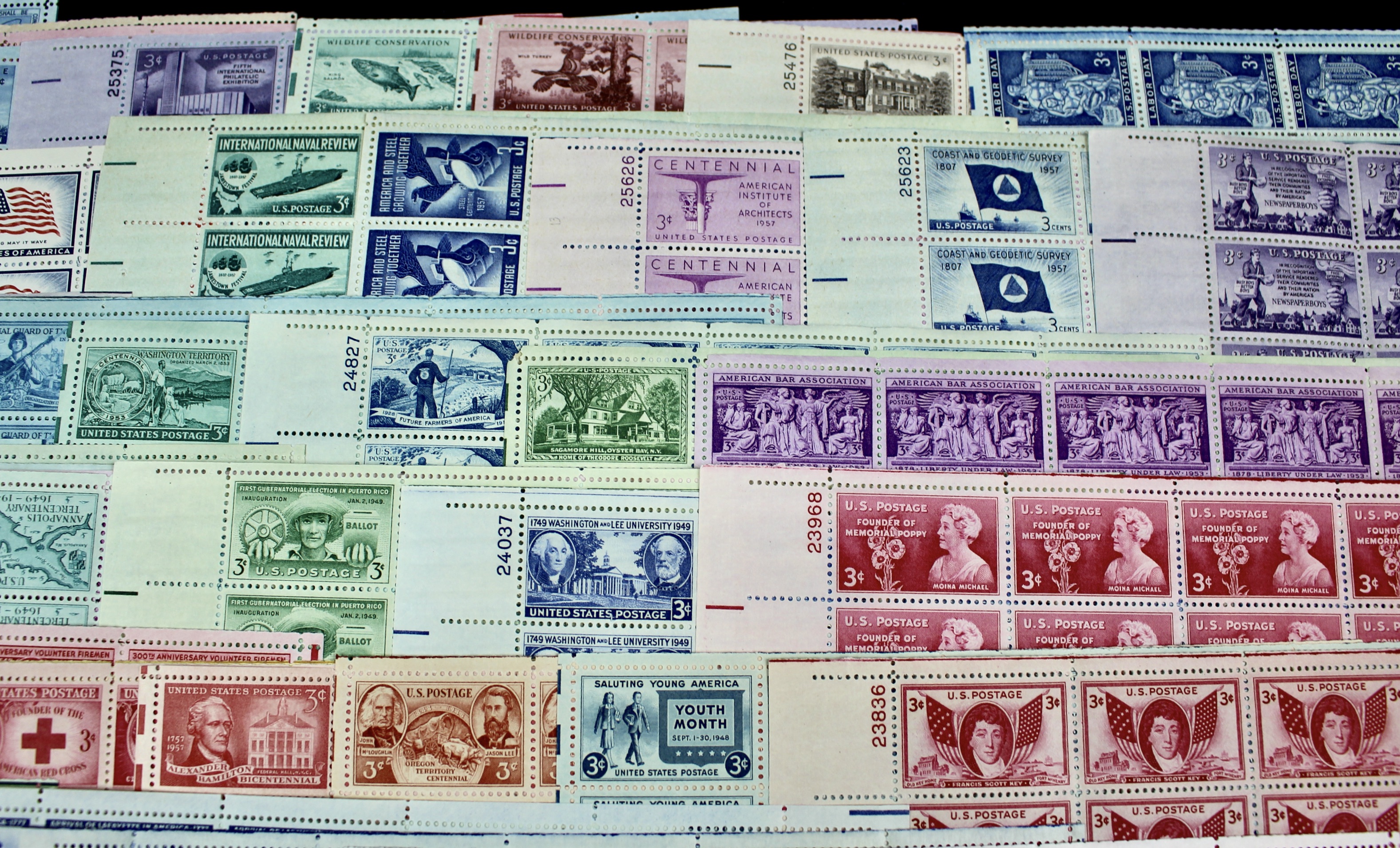 Seventy-Five Different 3-Cent Postage Stamp Sheets, 1940s and 1950s
