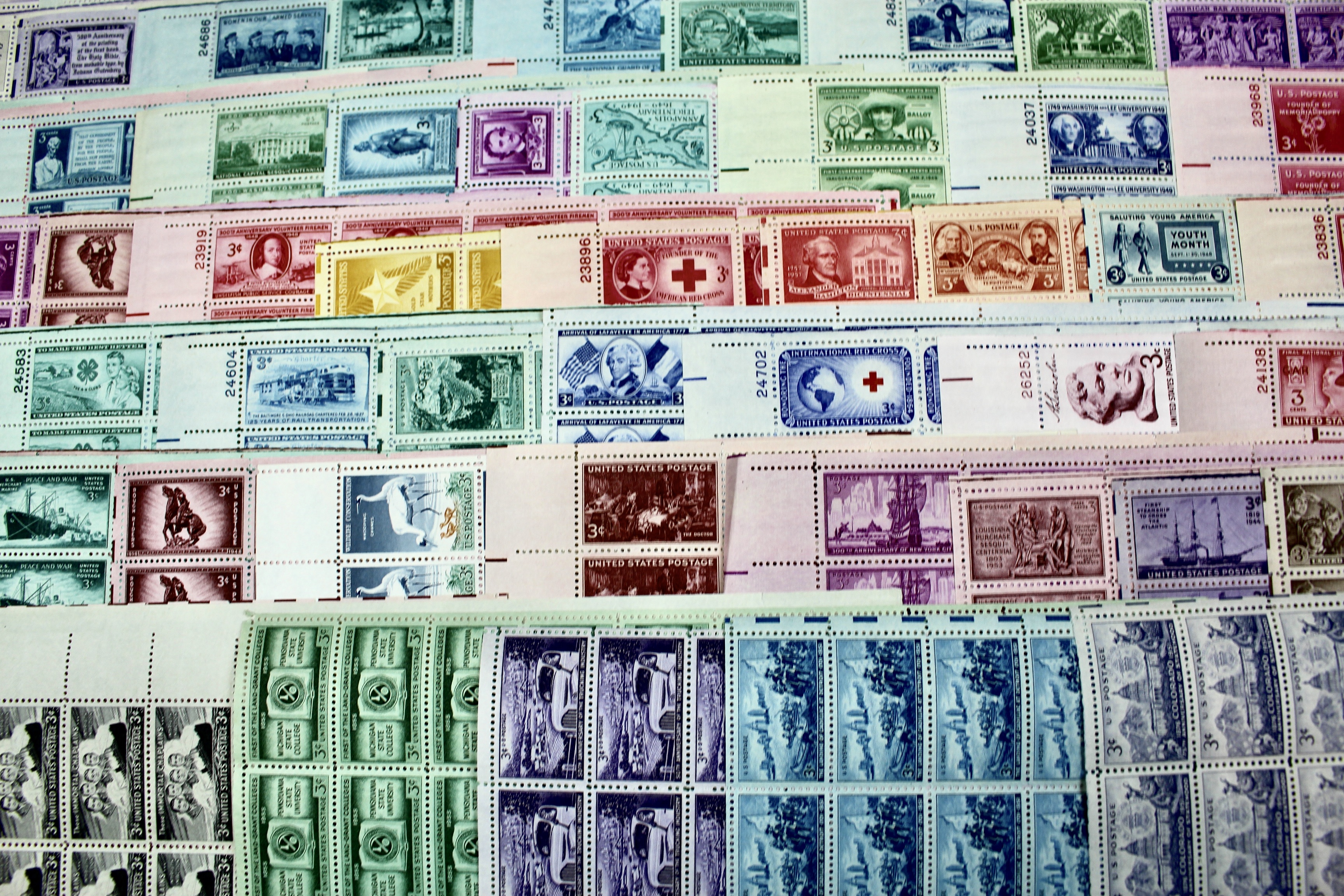 Seventy-Five Different 3-Cent Postage Stamp Sheets, 1940s and 1950s