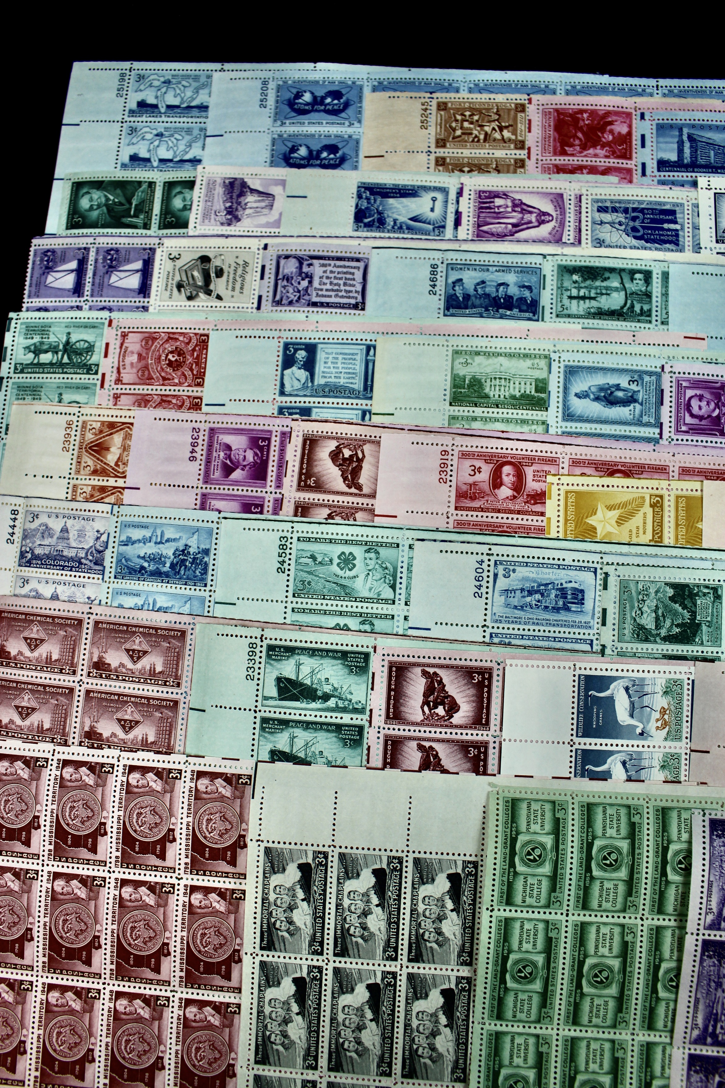 Seventy-Five Different 3-Cent Postage Stamp Sheets, 1940s and 1950s
