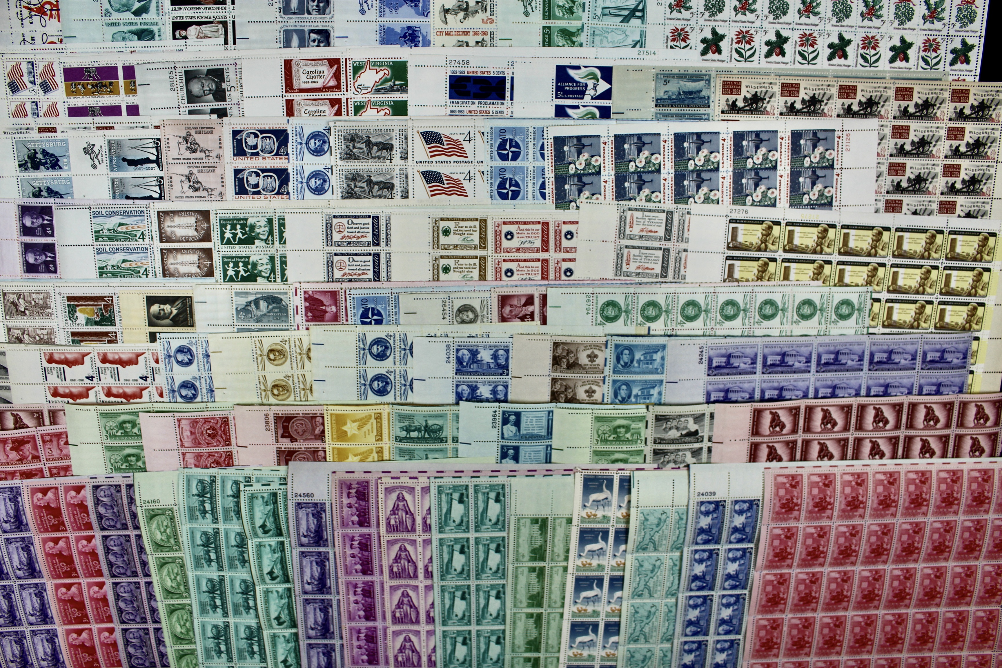 3-Cent, 4-Cent and 5-Cent Postage Stamp Sheets, 1940s to 1960s