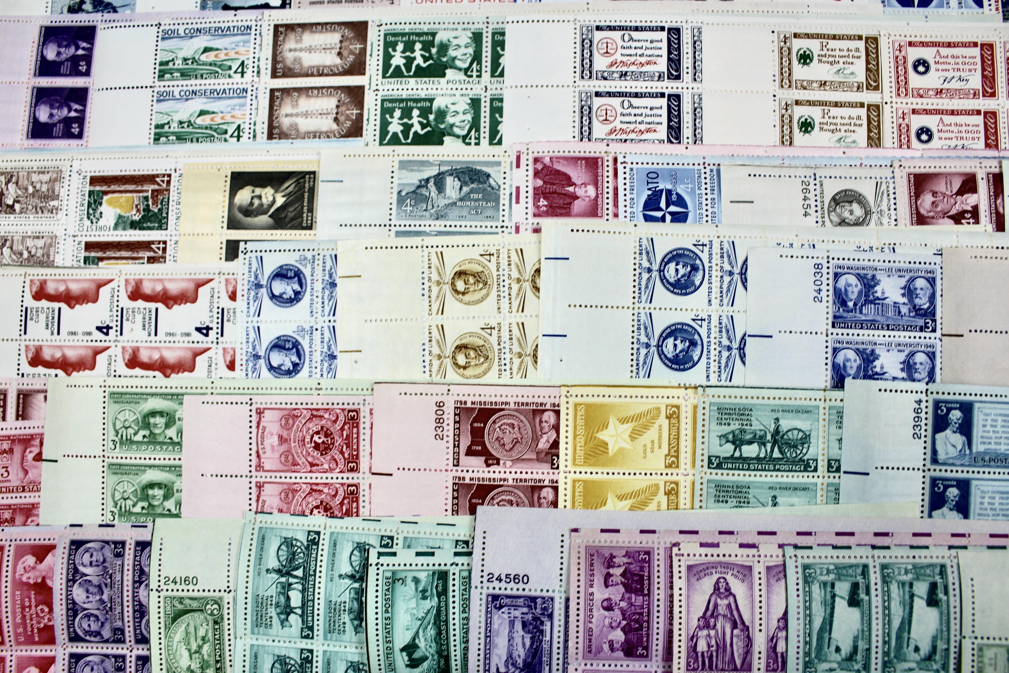3-Cent, 4-Cent and 5-Cent Postage Stamp Sheets, 1940s to 1960s