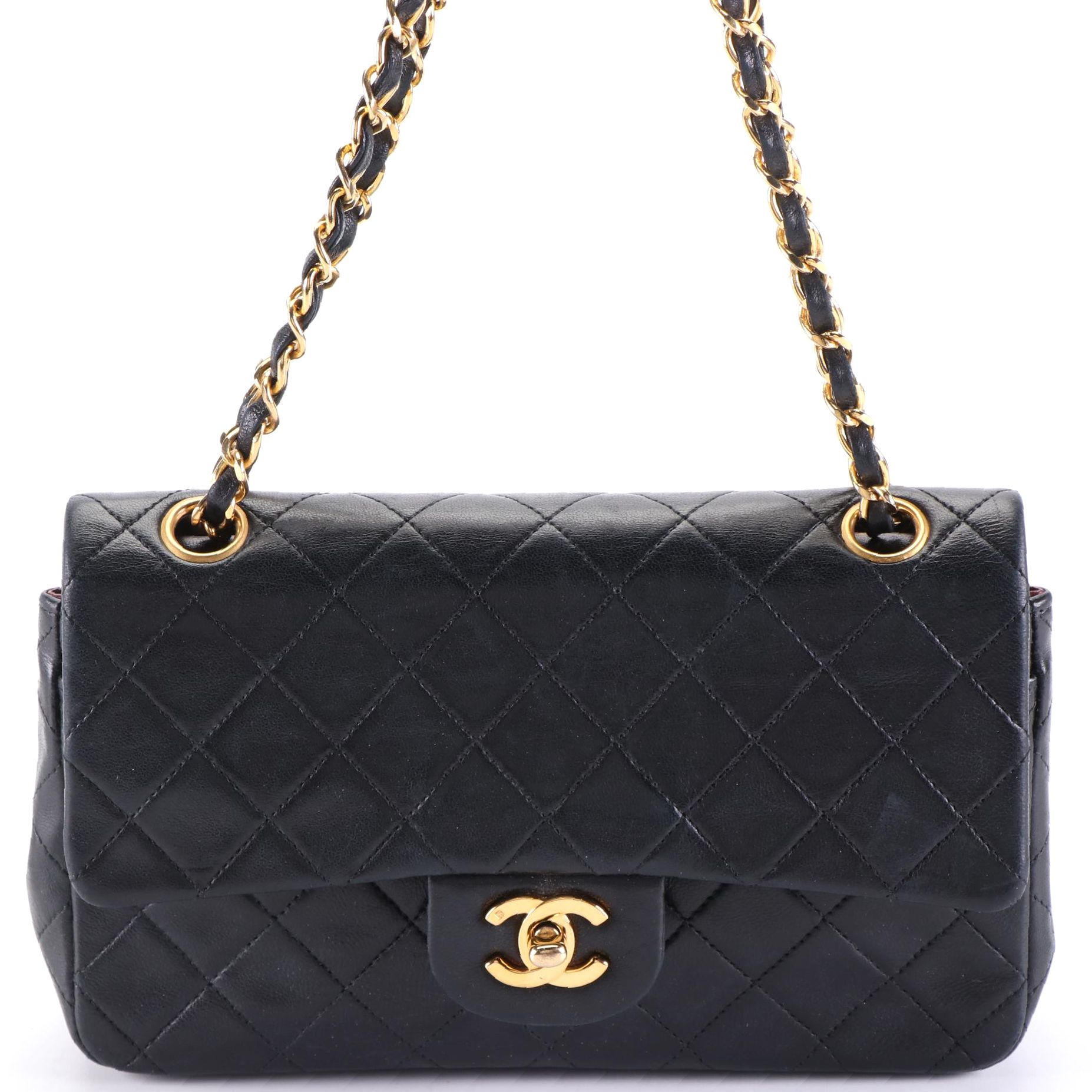 Chanel CC Small Double Flap Shoulder Bag in Black Quilted Lambskin Leather