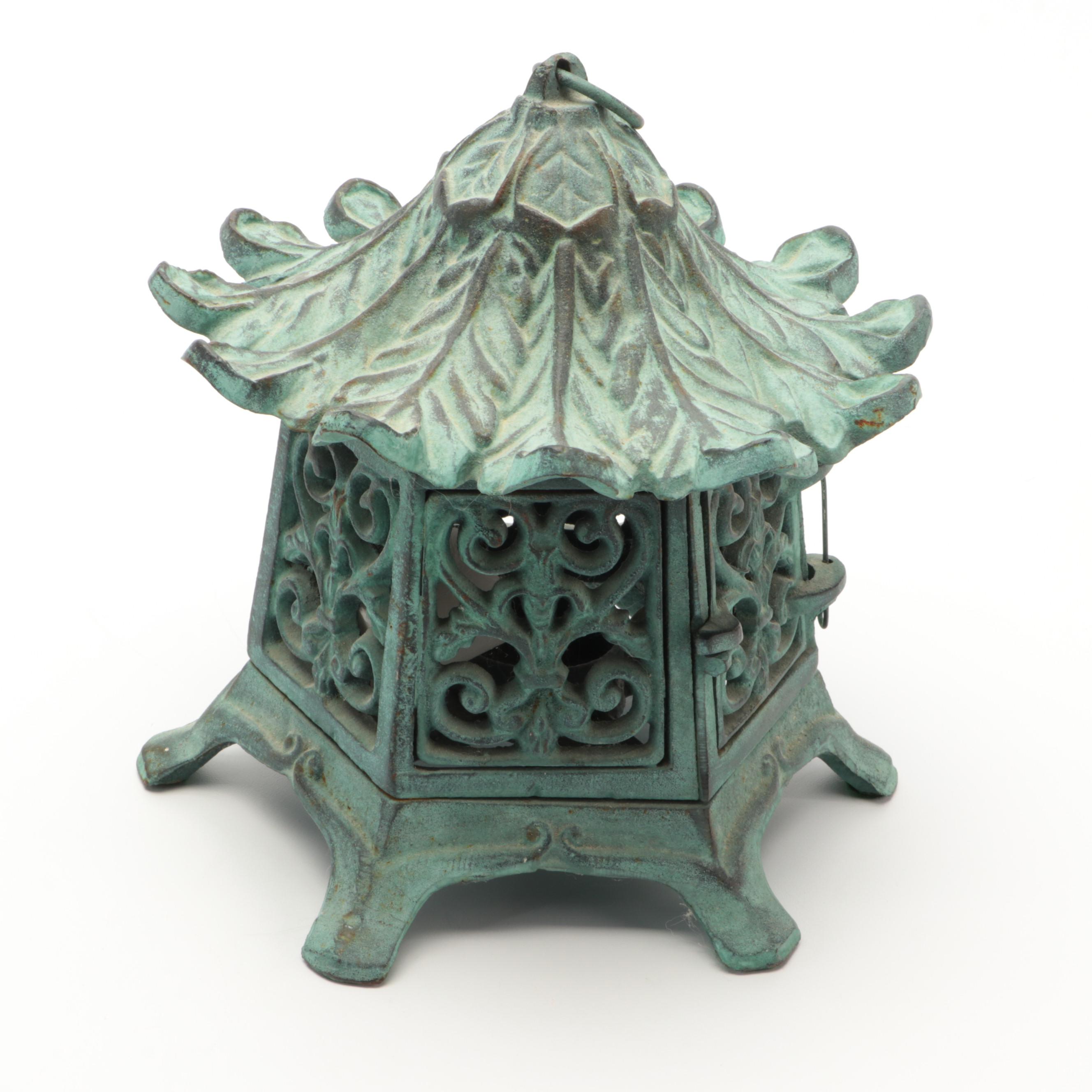 East Asian Patinated Cast Iron Pagoda Lantern with Hemispherical Sundial