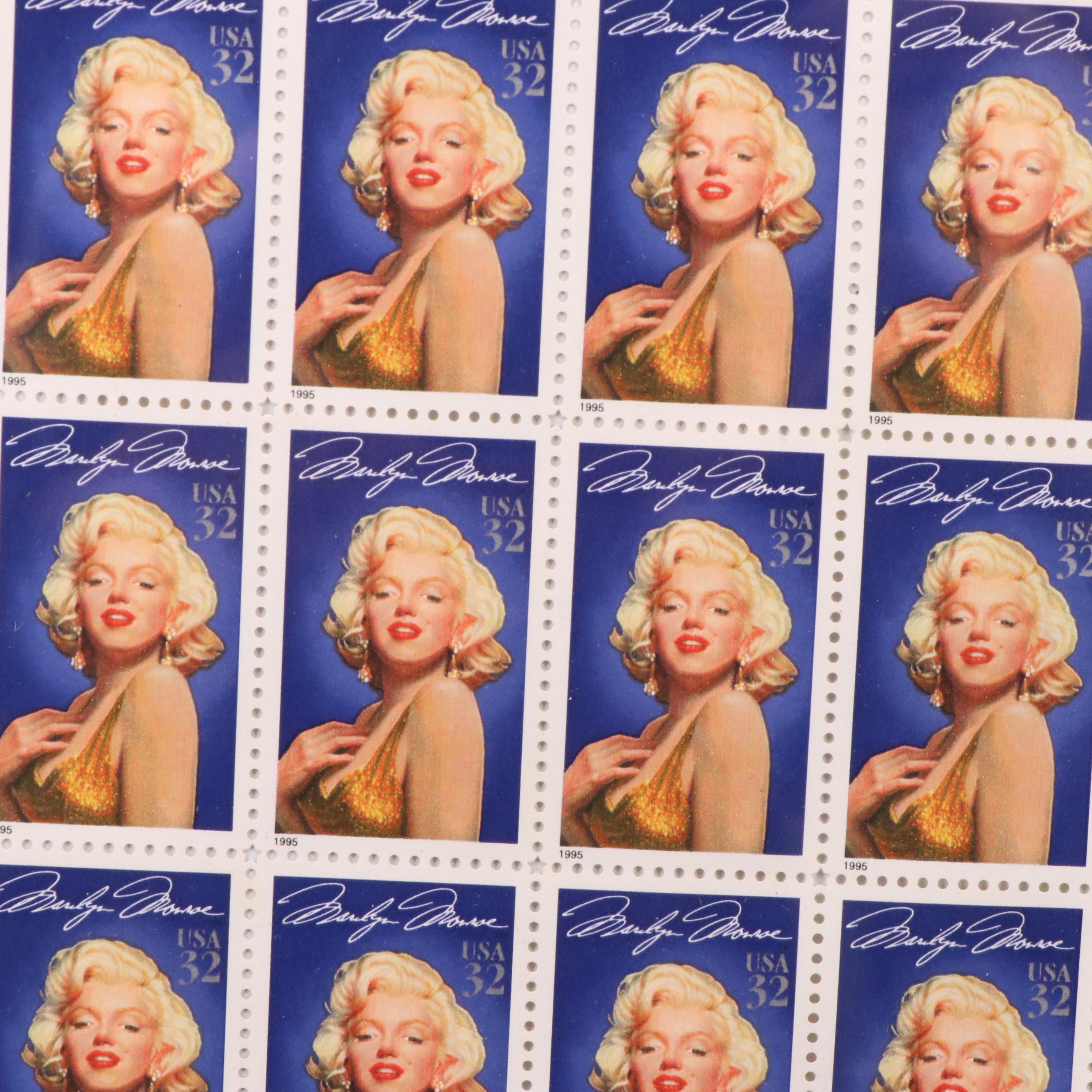 Small Stamp Collection Including Marilyn Monroe and Golden Replicas