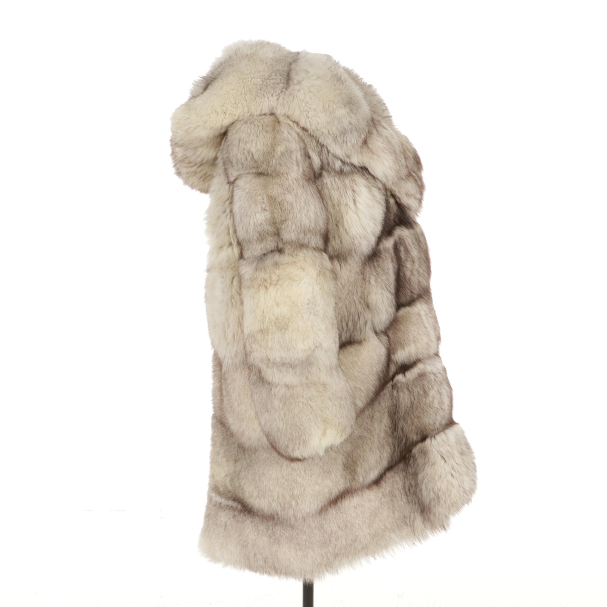 Fox Fur Hooded Coat with Widespread Collar