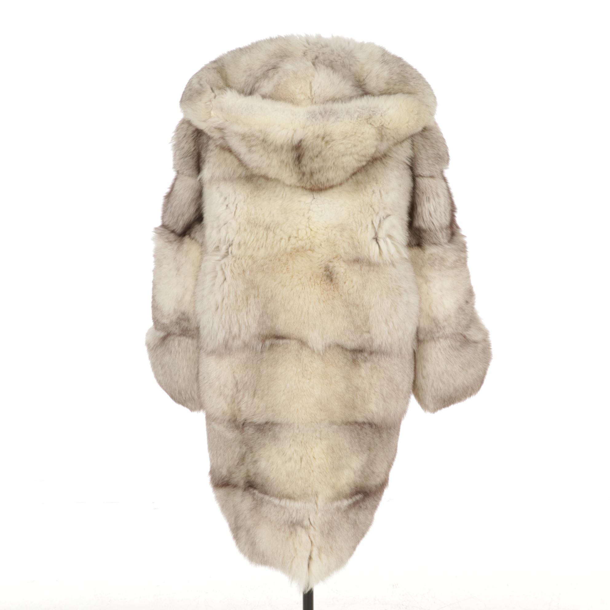 Fox Fur Hooded Coat with Widespread Collar