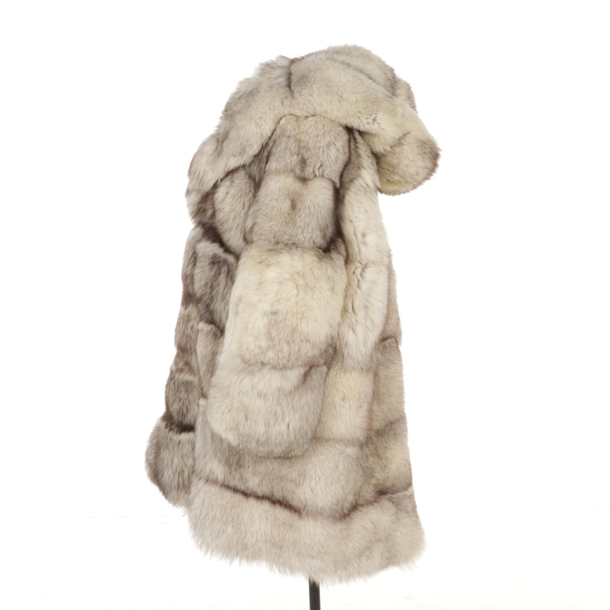 Fox Fur Hooded Coat with Widespread Collar