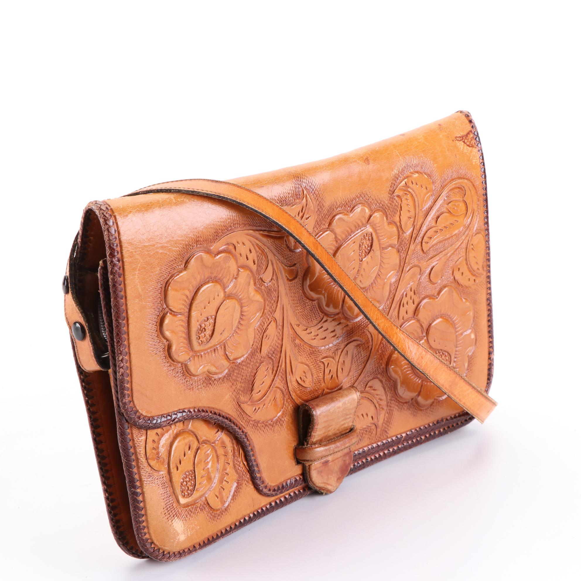 Hand Tooled Leather Shoulder Bag with Convertible Strap