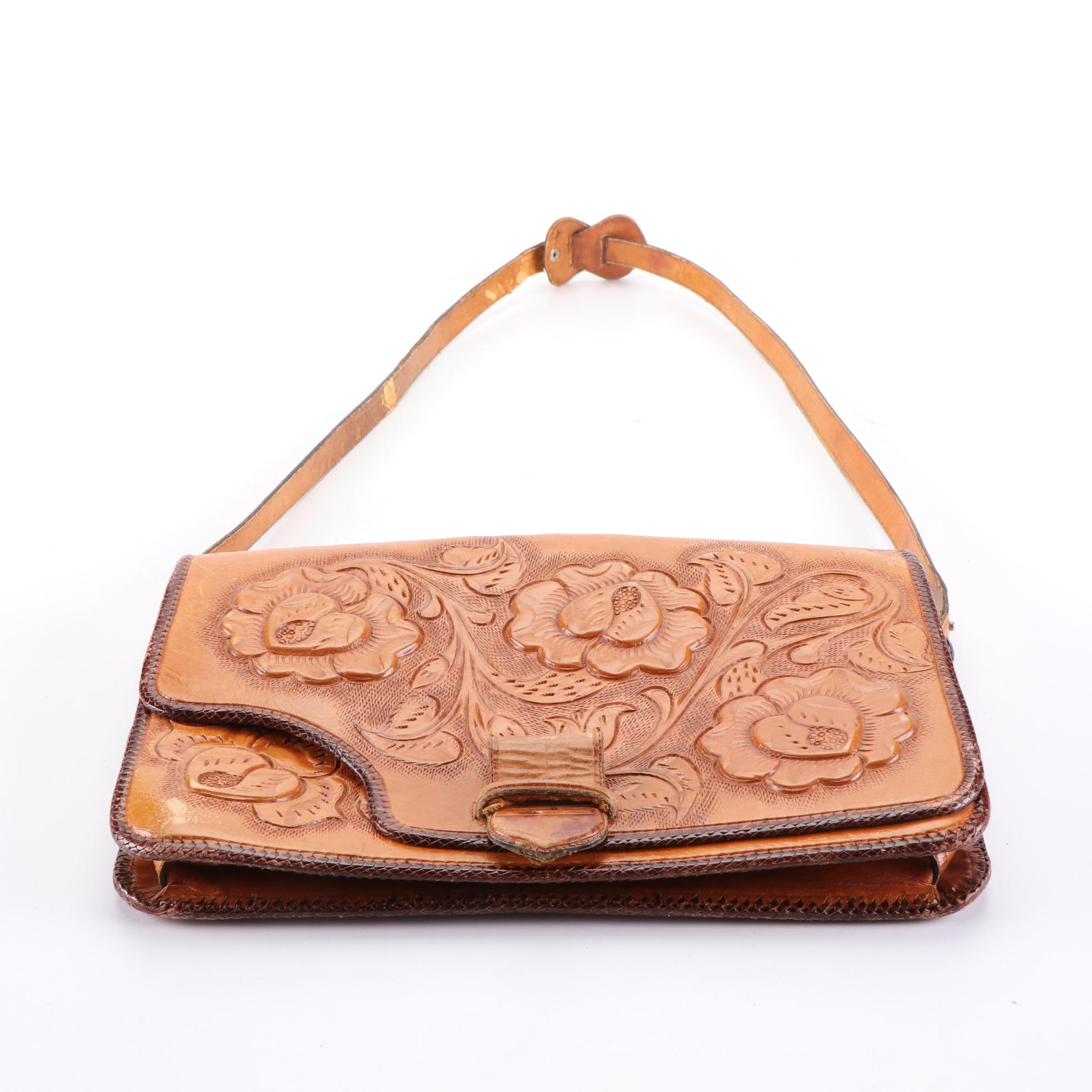 Hand Tooled Leather Shoulder Bag with Convertible Strap