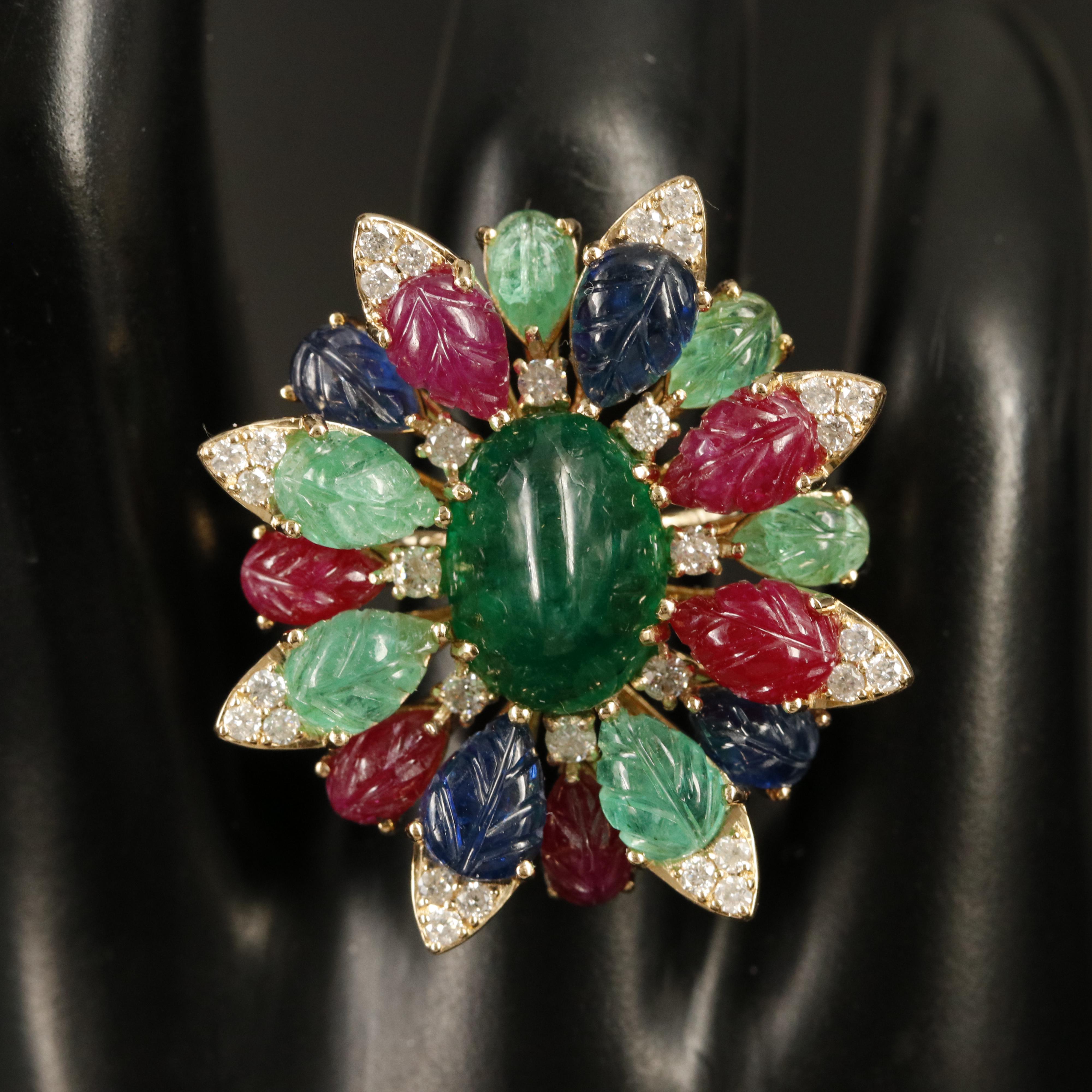 14K Emerald, Sapphire, Ruby and Diamond Floral Ring