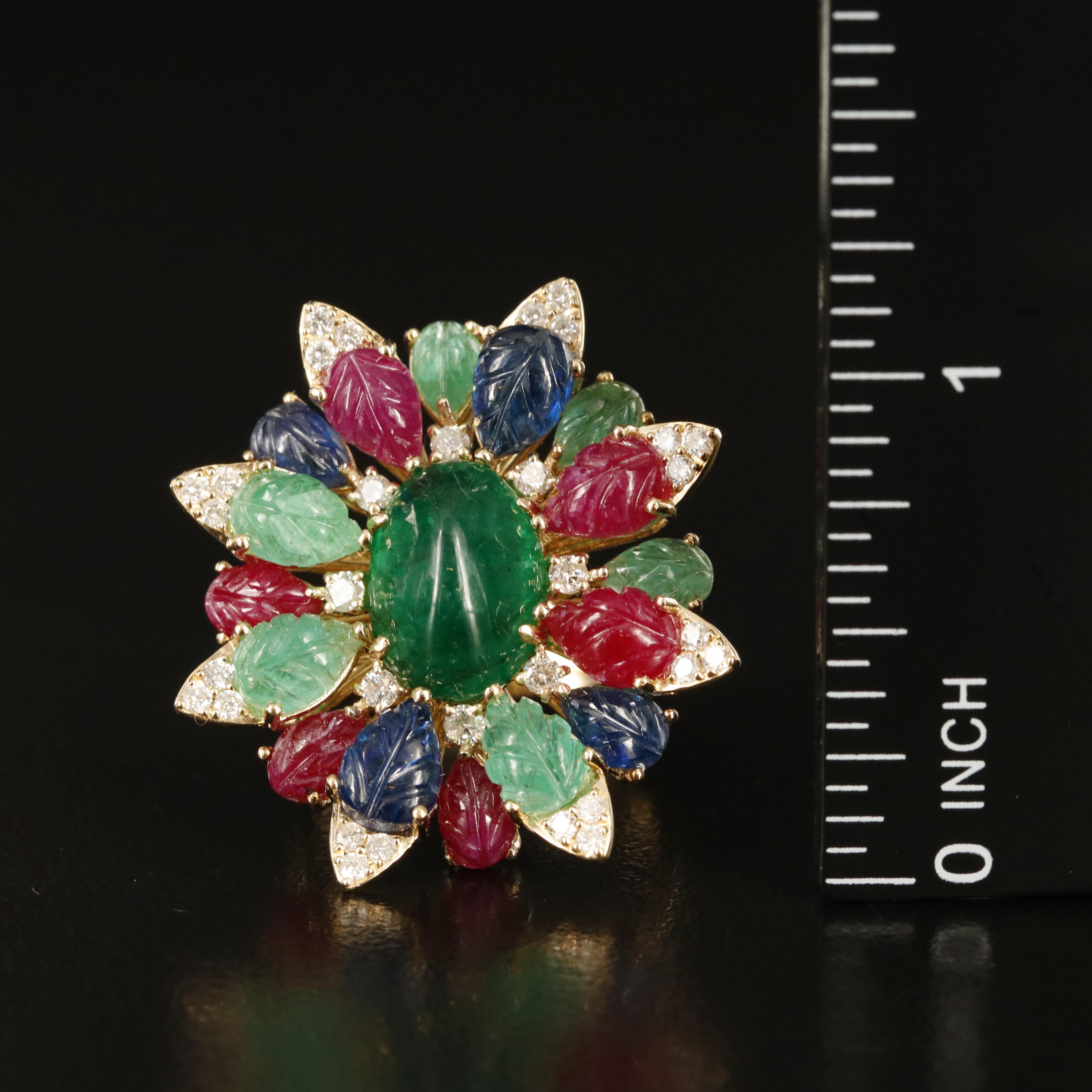 14K Emerald, Sapphire, Ruby and Diamond Floral Ring