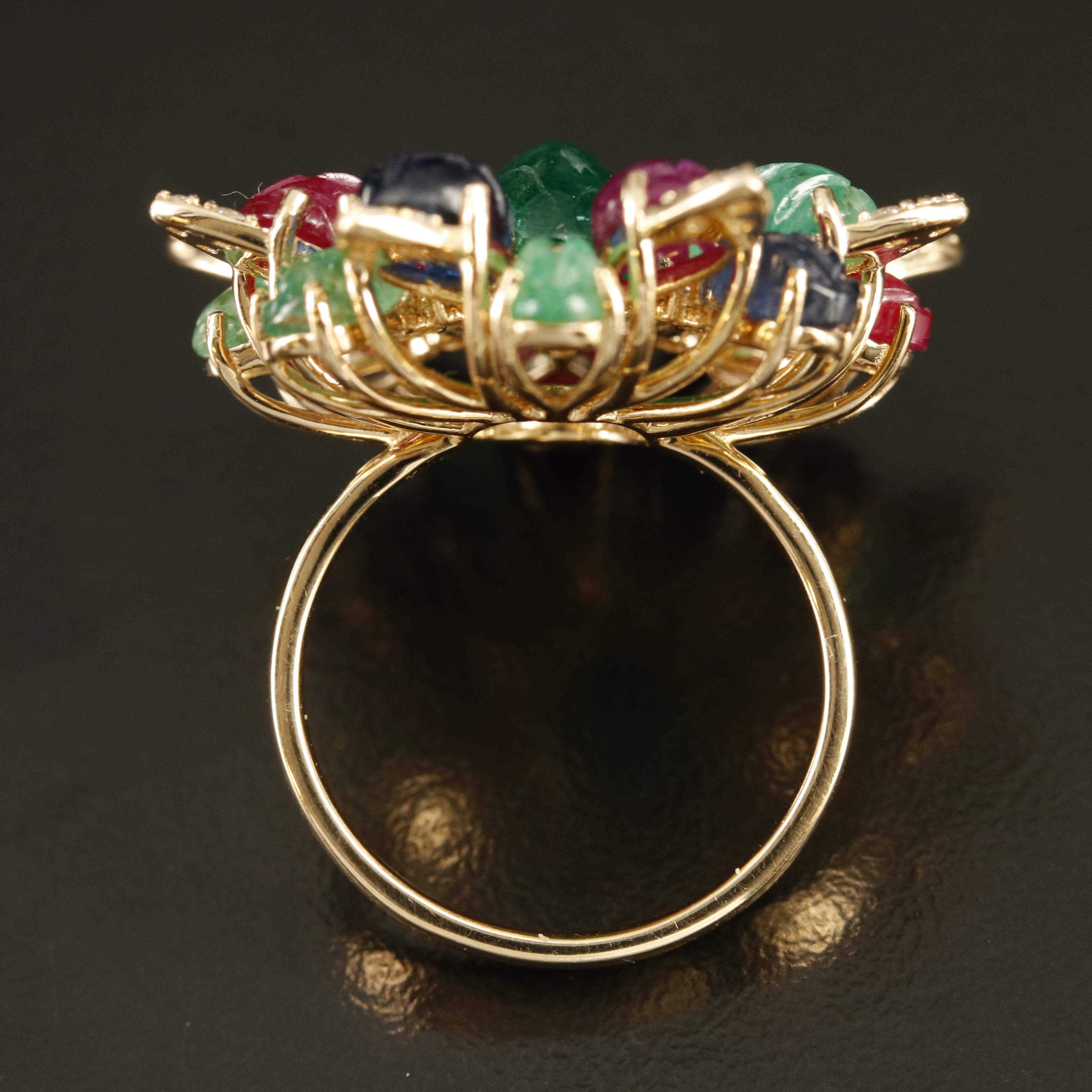 14K Emerald, Sapphire, Ruby and Diamond Floral Ring