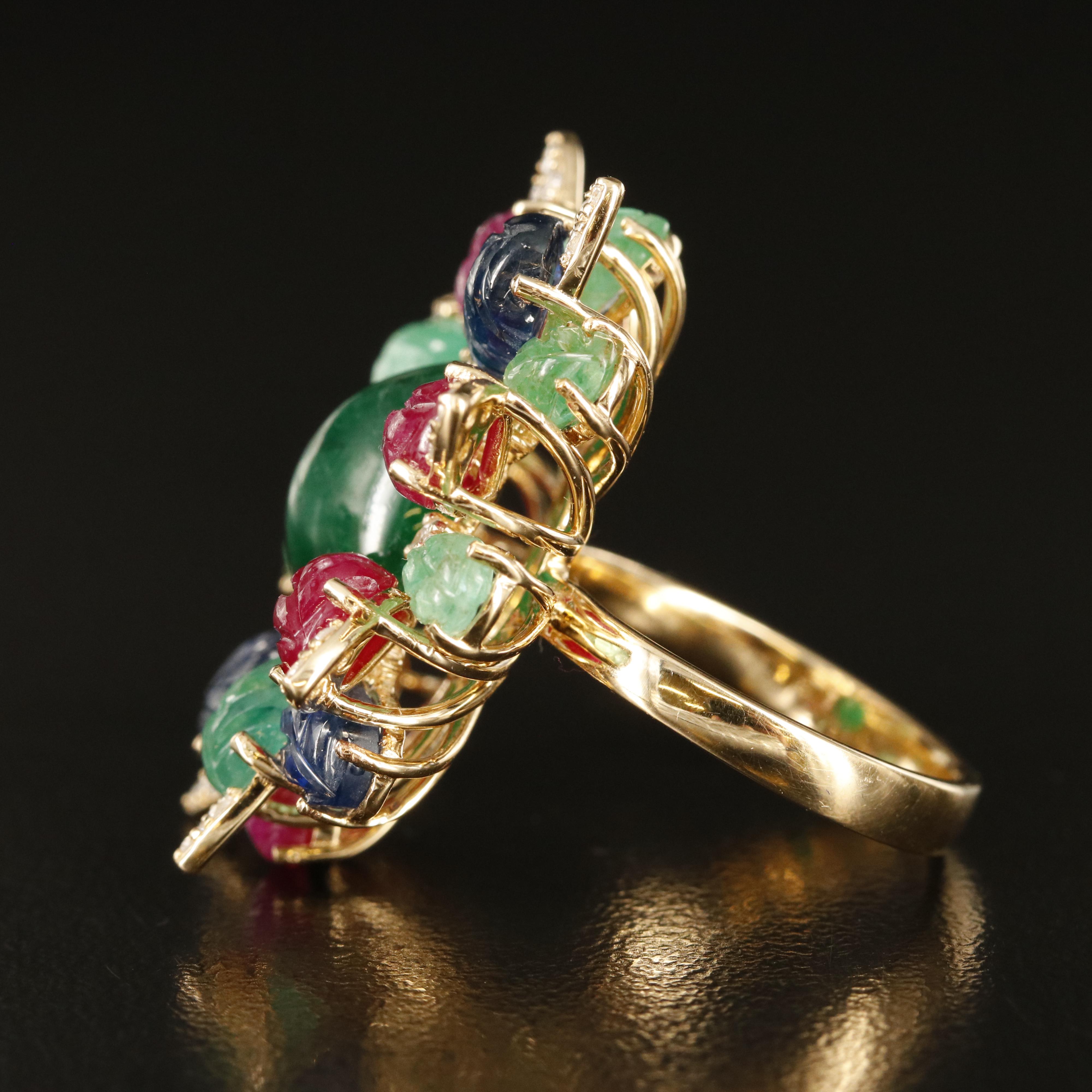 14K Emerald, Sapphire, Ruby and Diamond Floral Ring