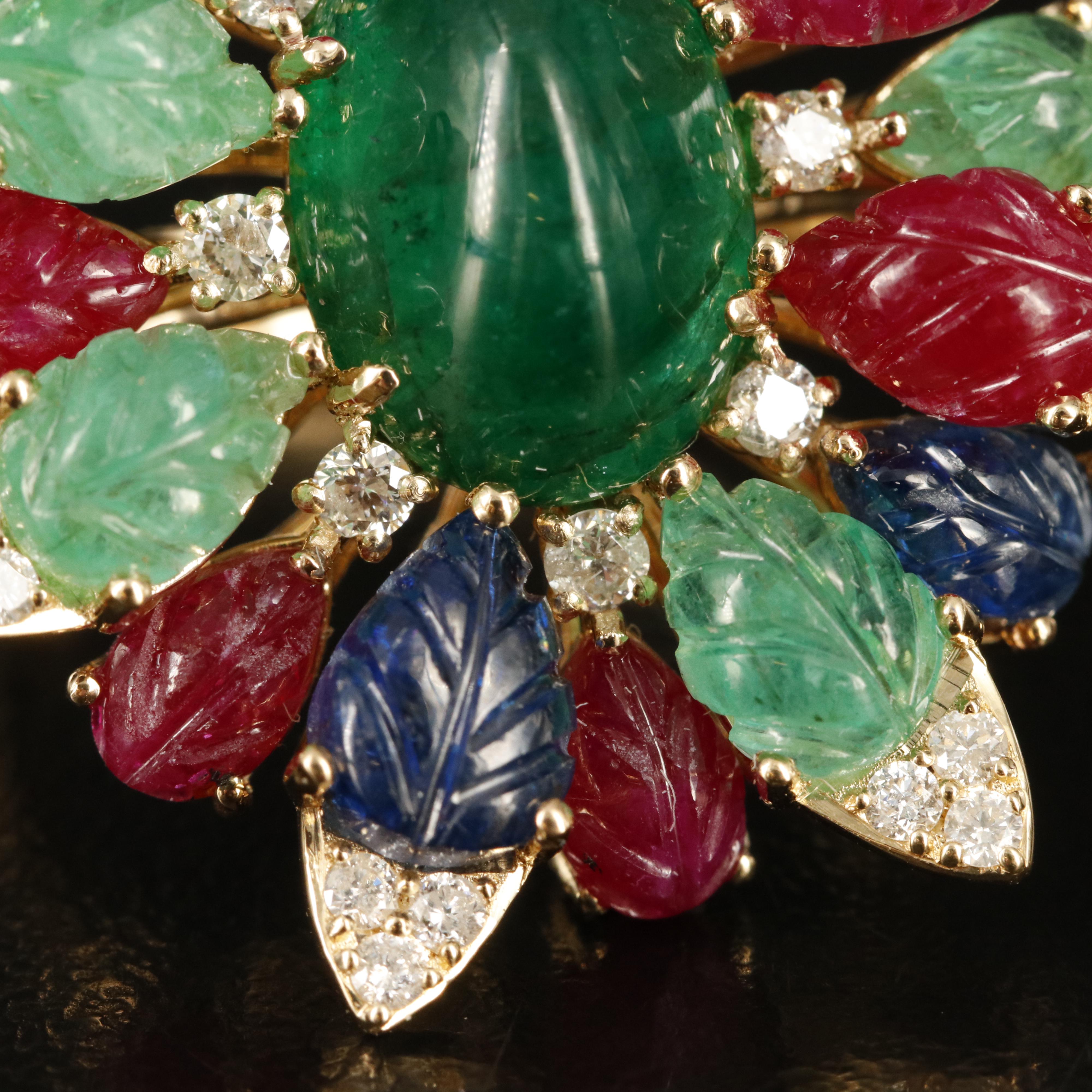 14K Emerald, Sapphire, Ruby and Diamond Floral Ring
