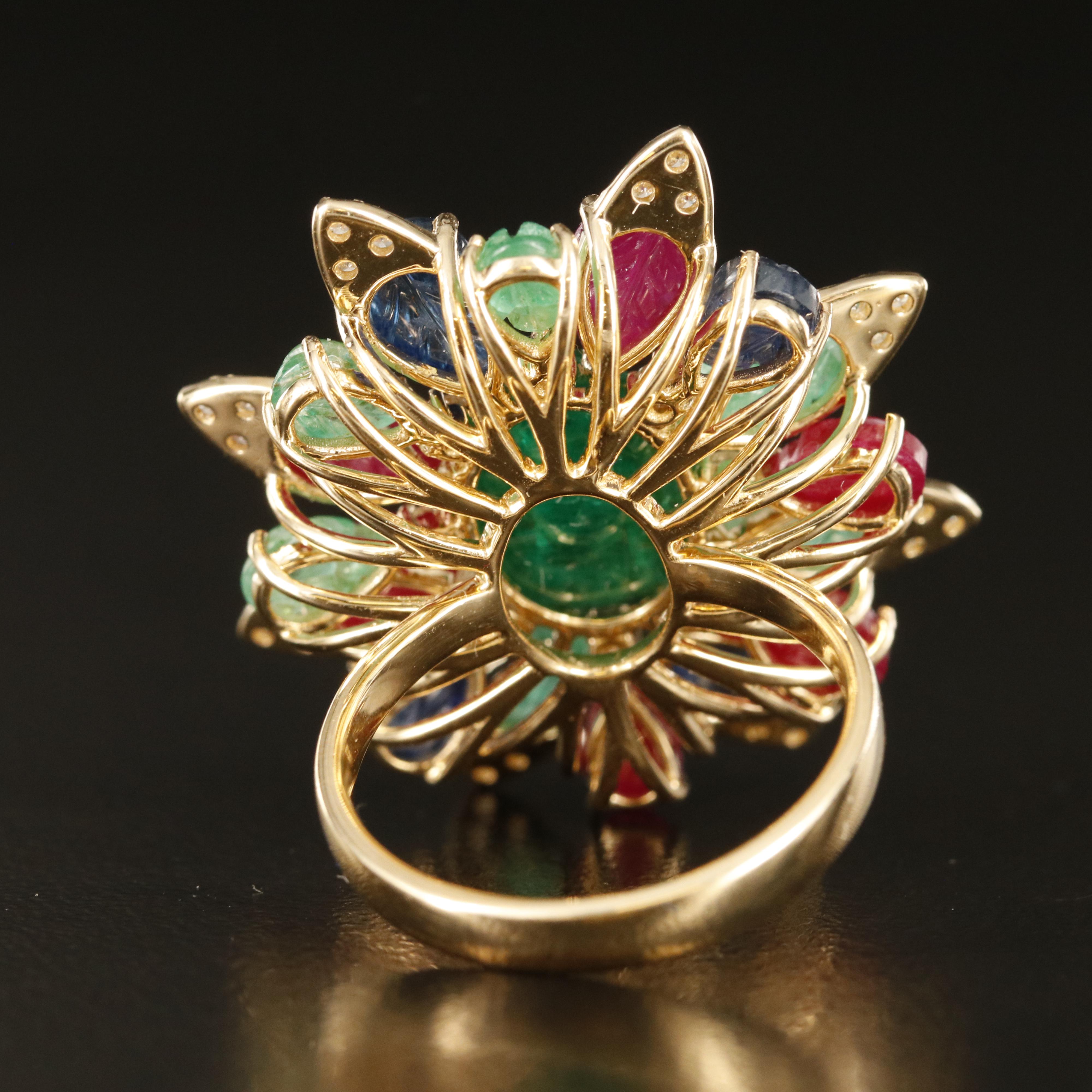 14K Emerald, Sapphire, Ruby and Diamond Floral Ring