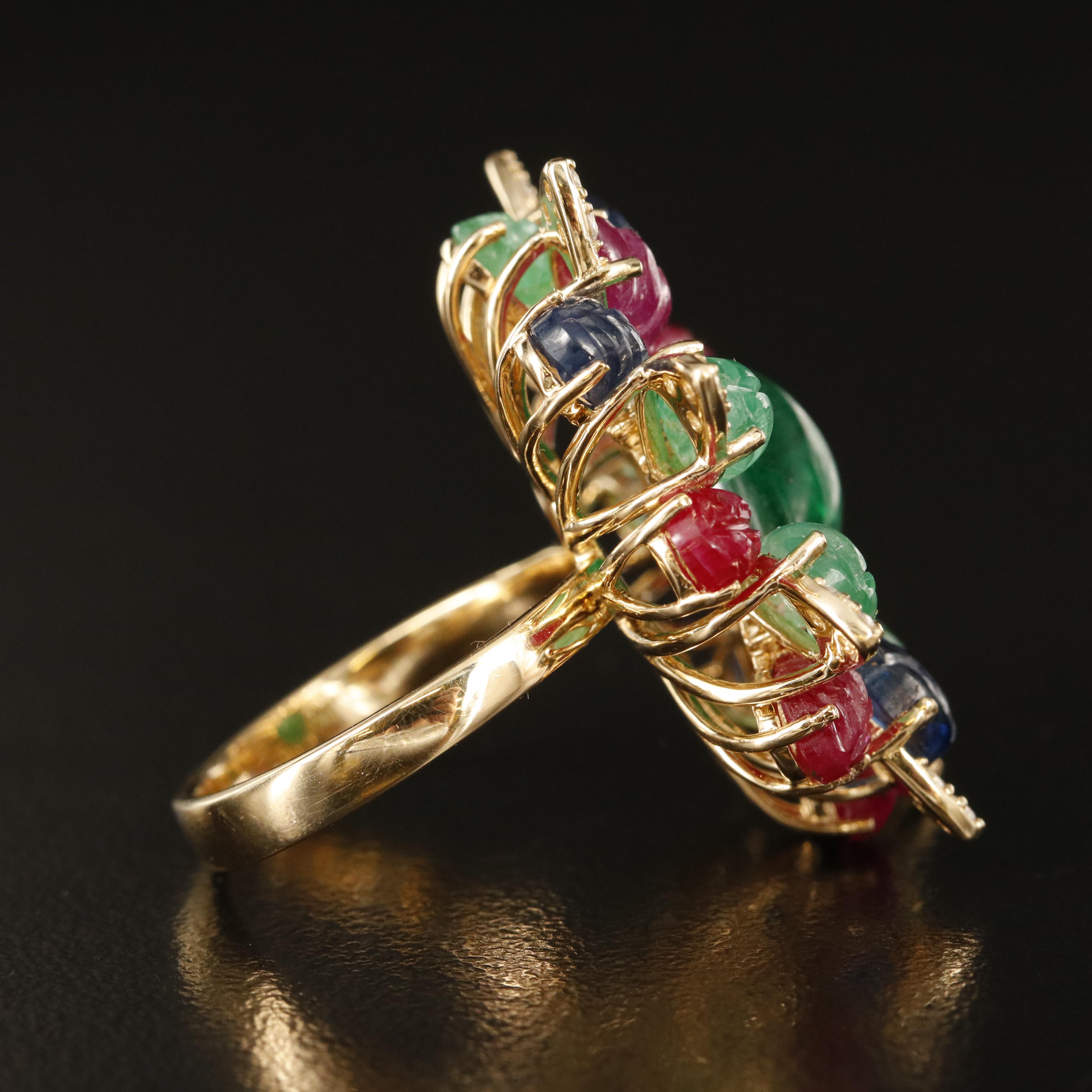14K Emerald, Sapphire, Ruby and Diamond Floral Ring