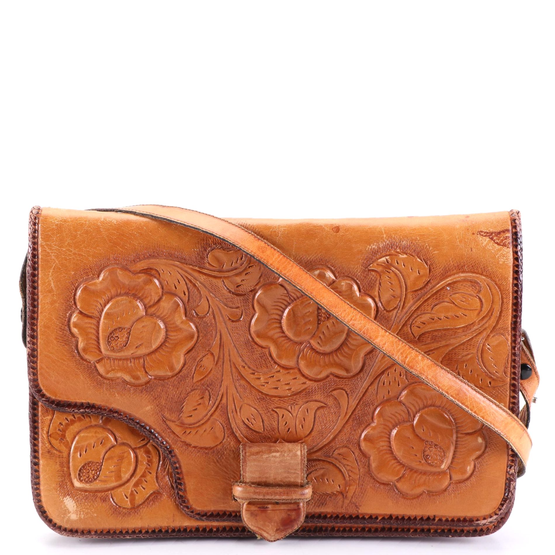 Hand Tooled Leather Shoulder Bag with Convertible Strap