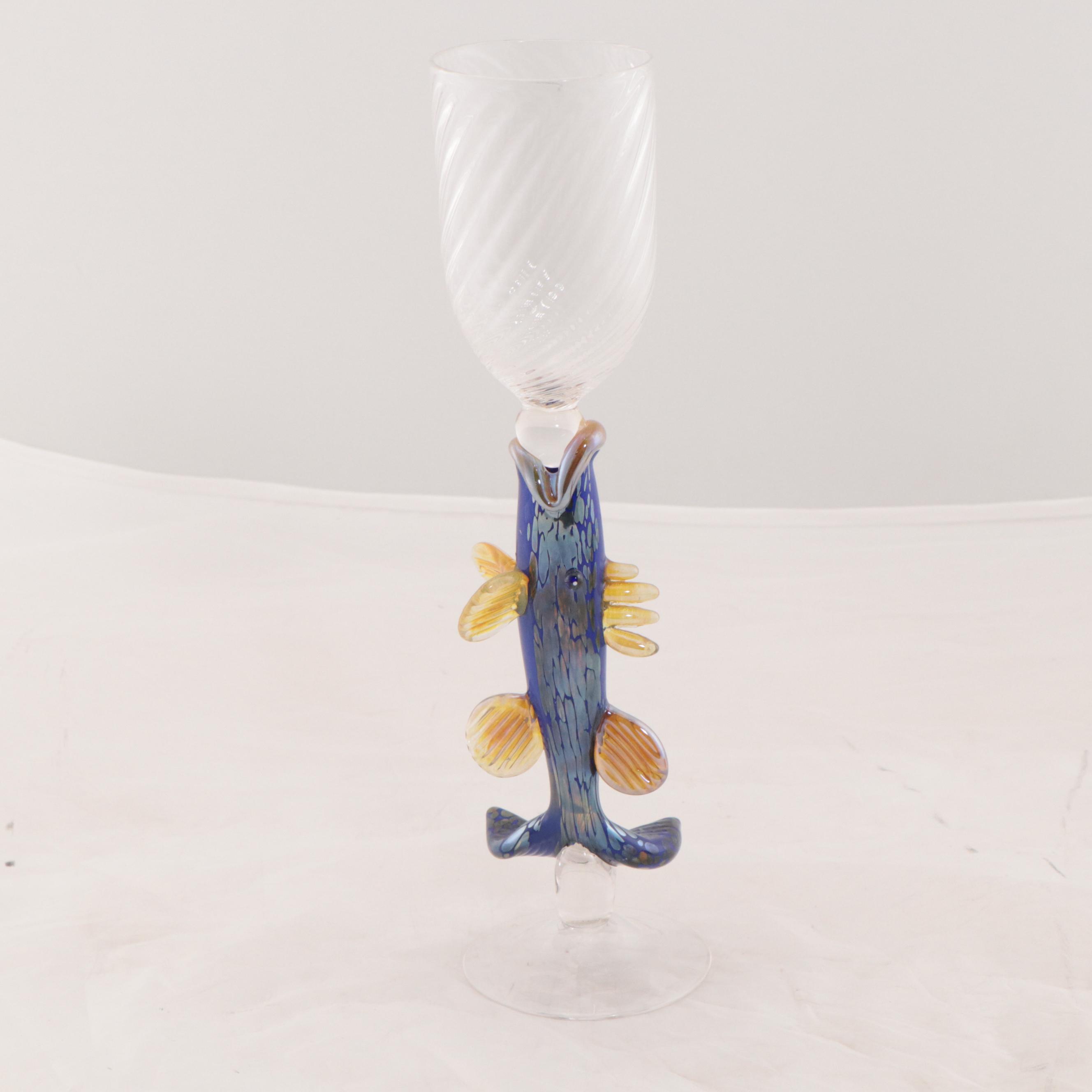 Blown Art Glass Goblet with Fish Shaped Stem and Paperweight
