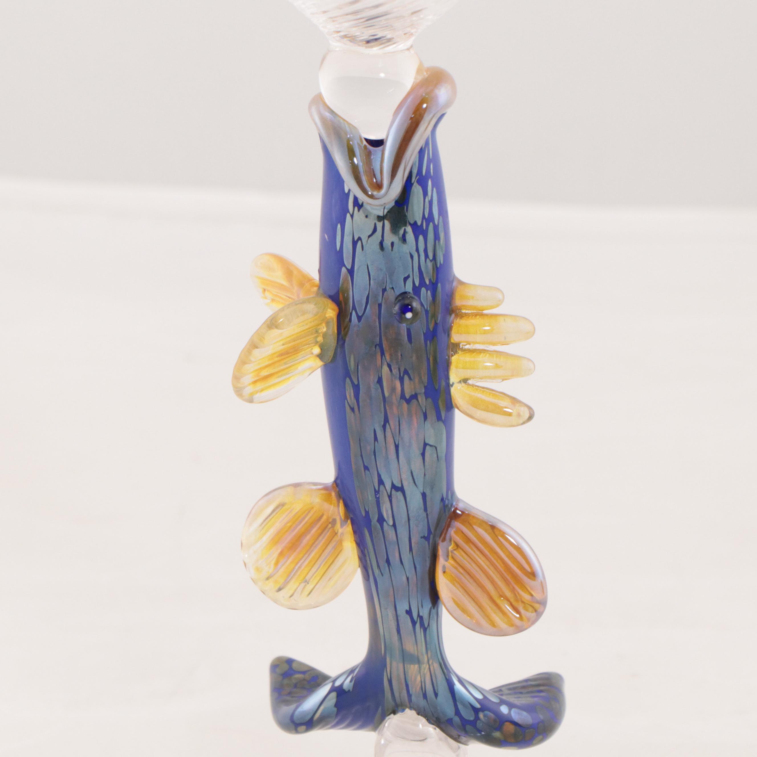 Blown Art Glass Goblet with Fish Shaped Stem and Paperweight