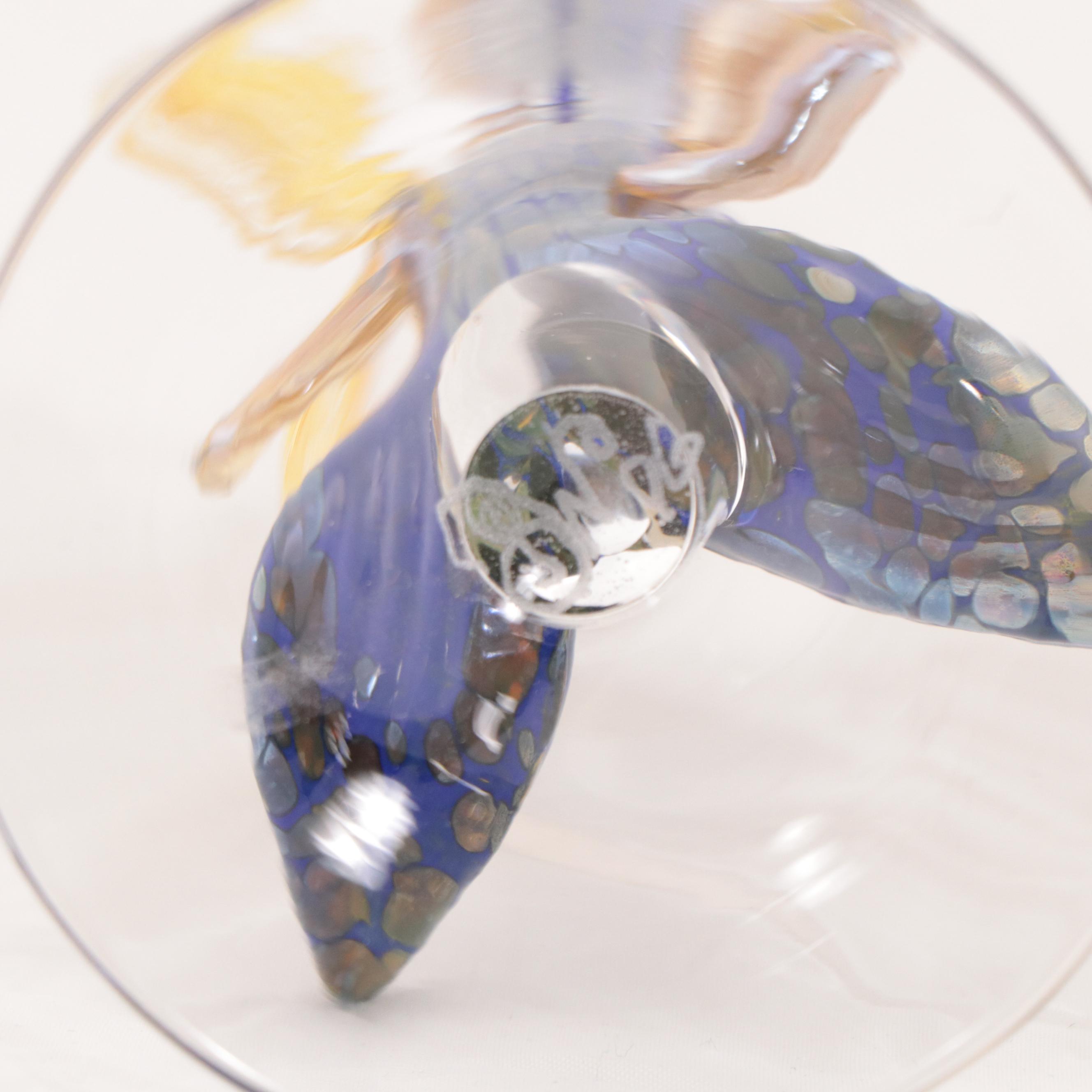 Blown Art Glass Goblet with Fish Shaped Stem and Paperweight