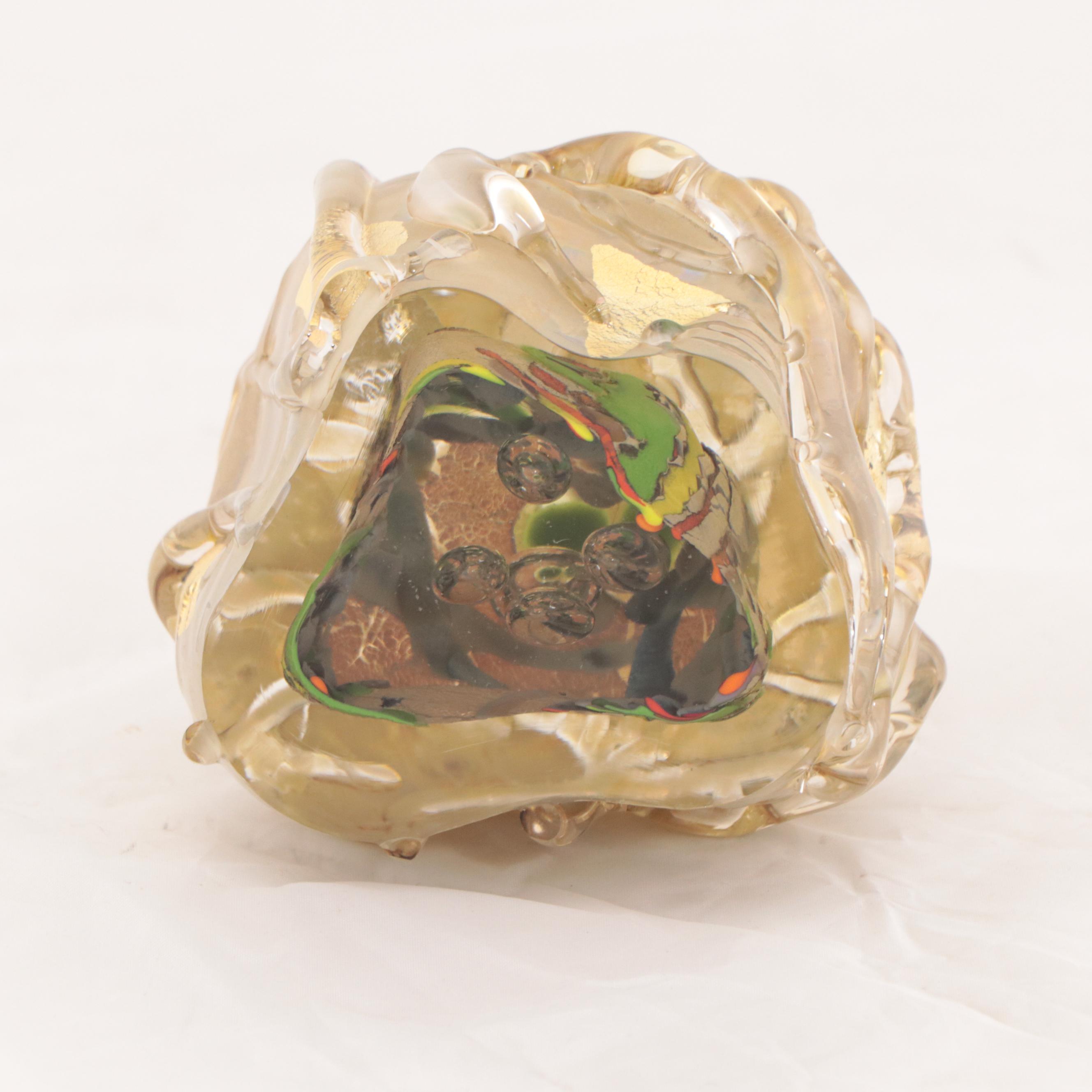 Blown Art Glass Goblet with Fish Shaped Stem and Paperweight