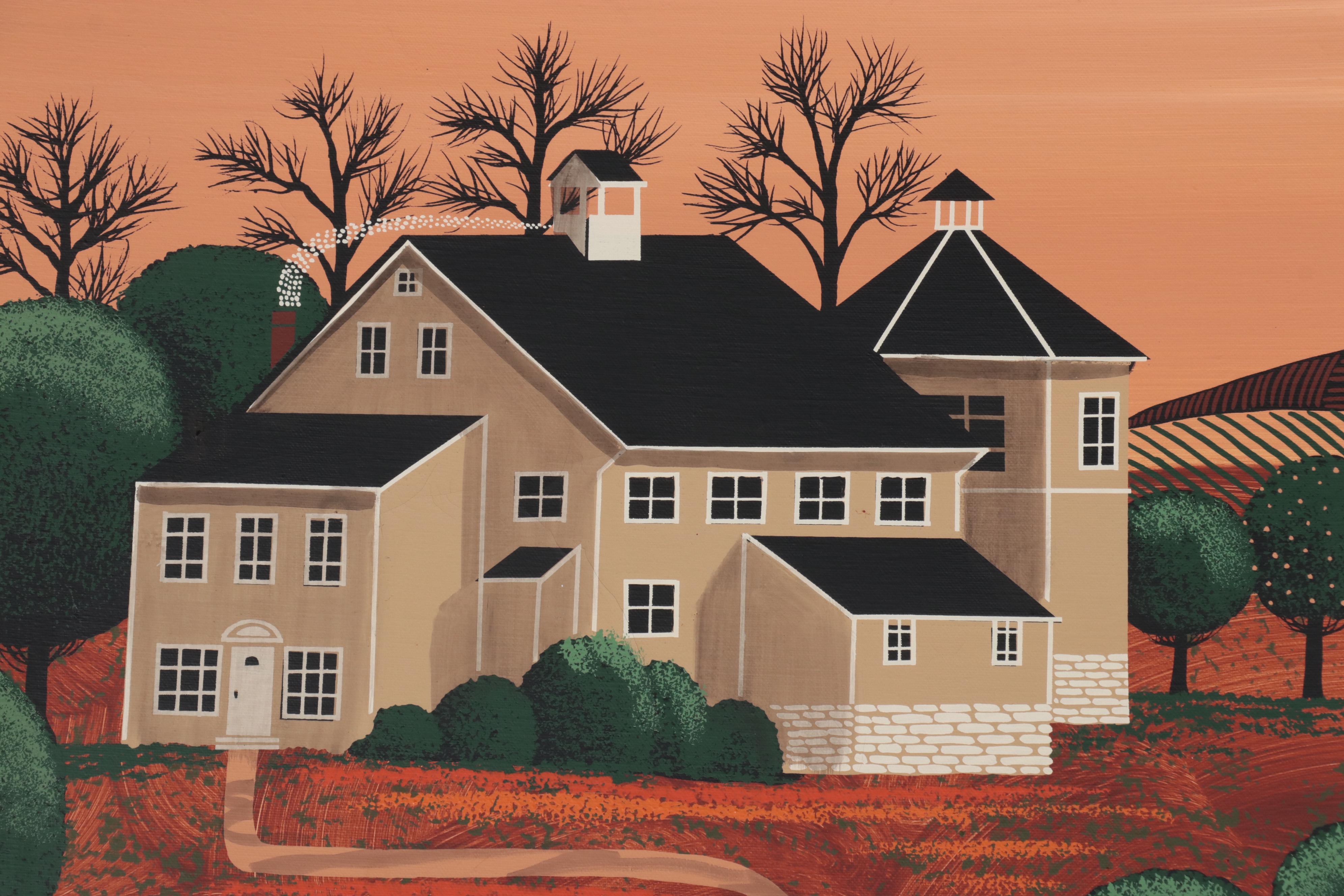 H. Huntington Folk Art Serigraph of Town Scene