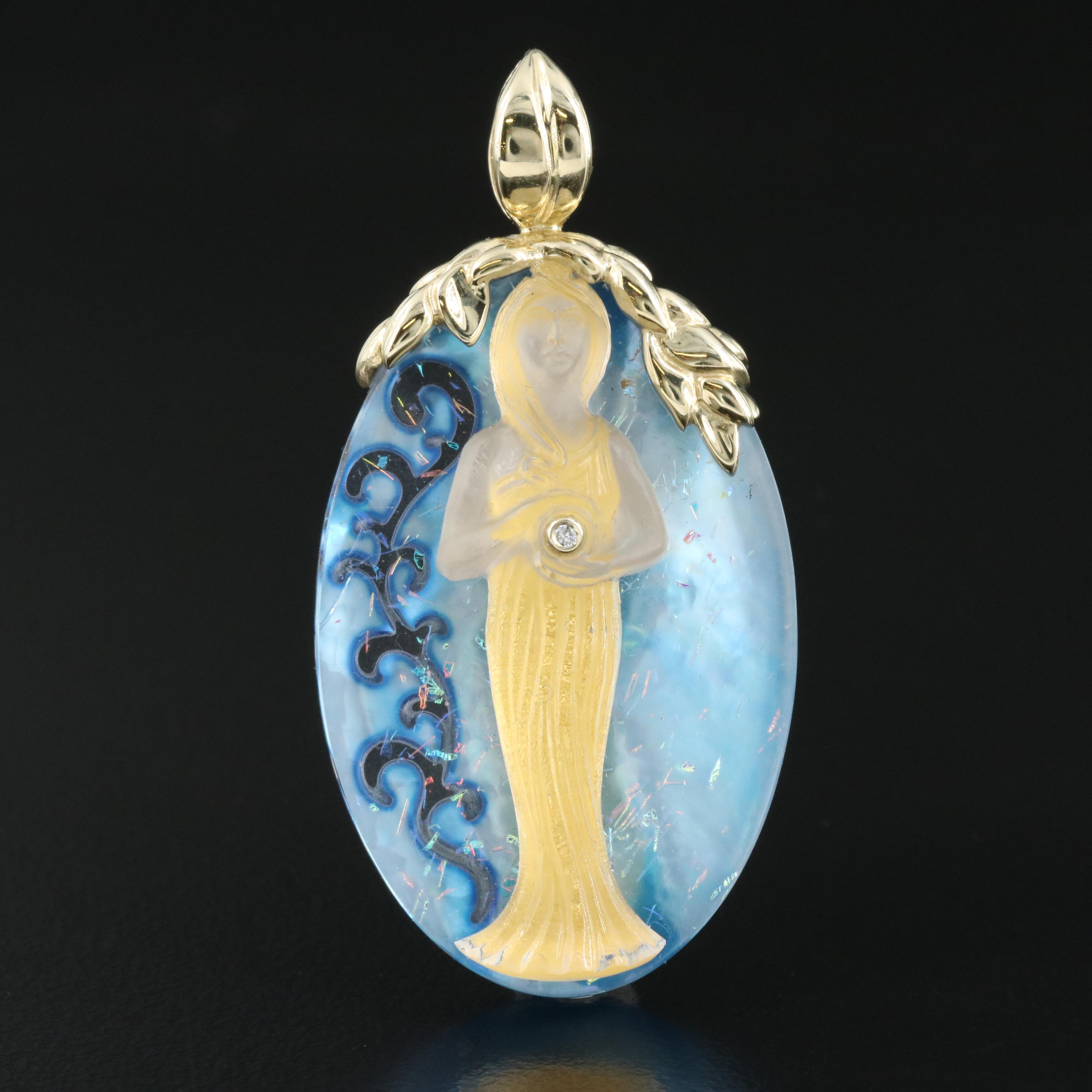 14K Diamond and Assembled Quartz and Mother-of-Pearl Cameo Pendant
