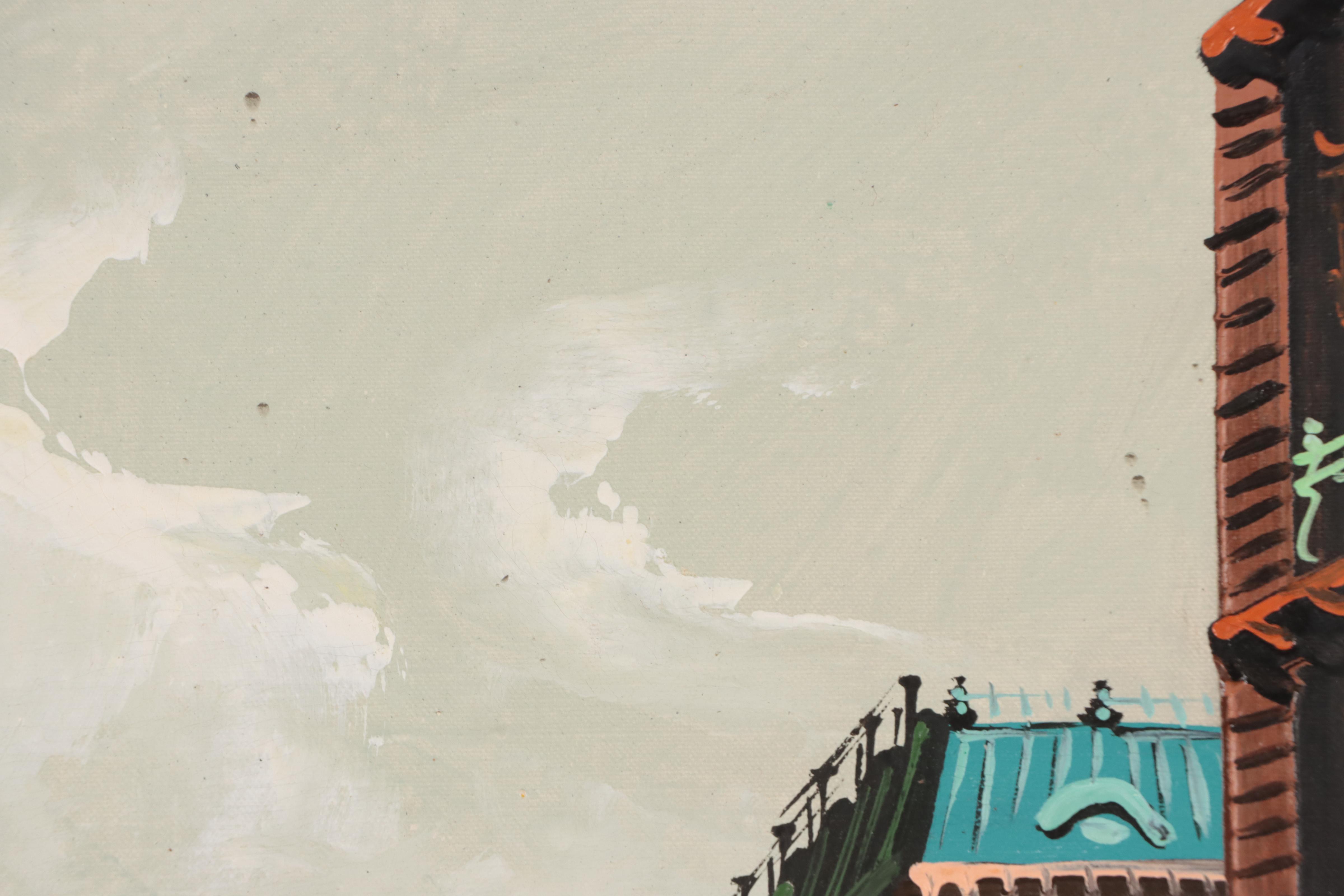 European Street Scene Oil Painting, Circa 1975