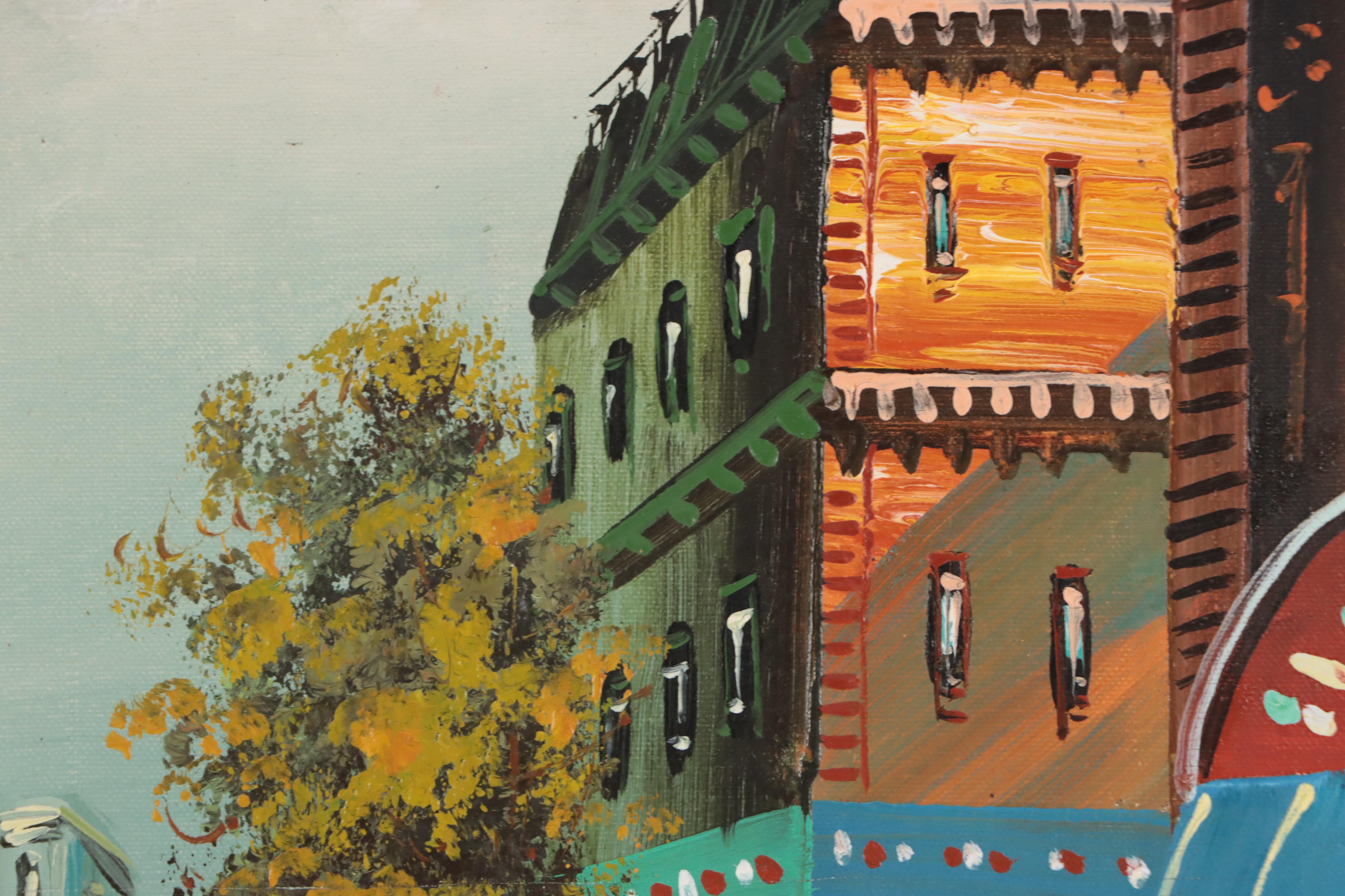 European Street Scene Oil Painting, Circa 1975