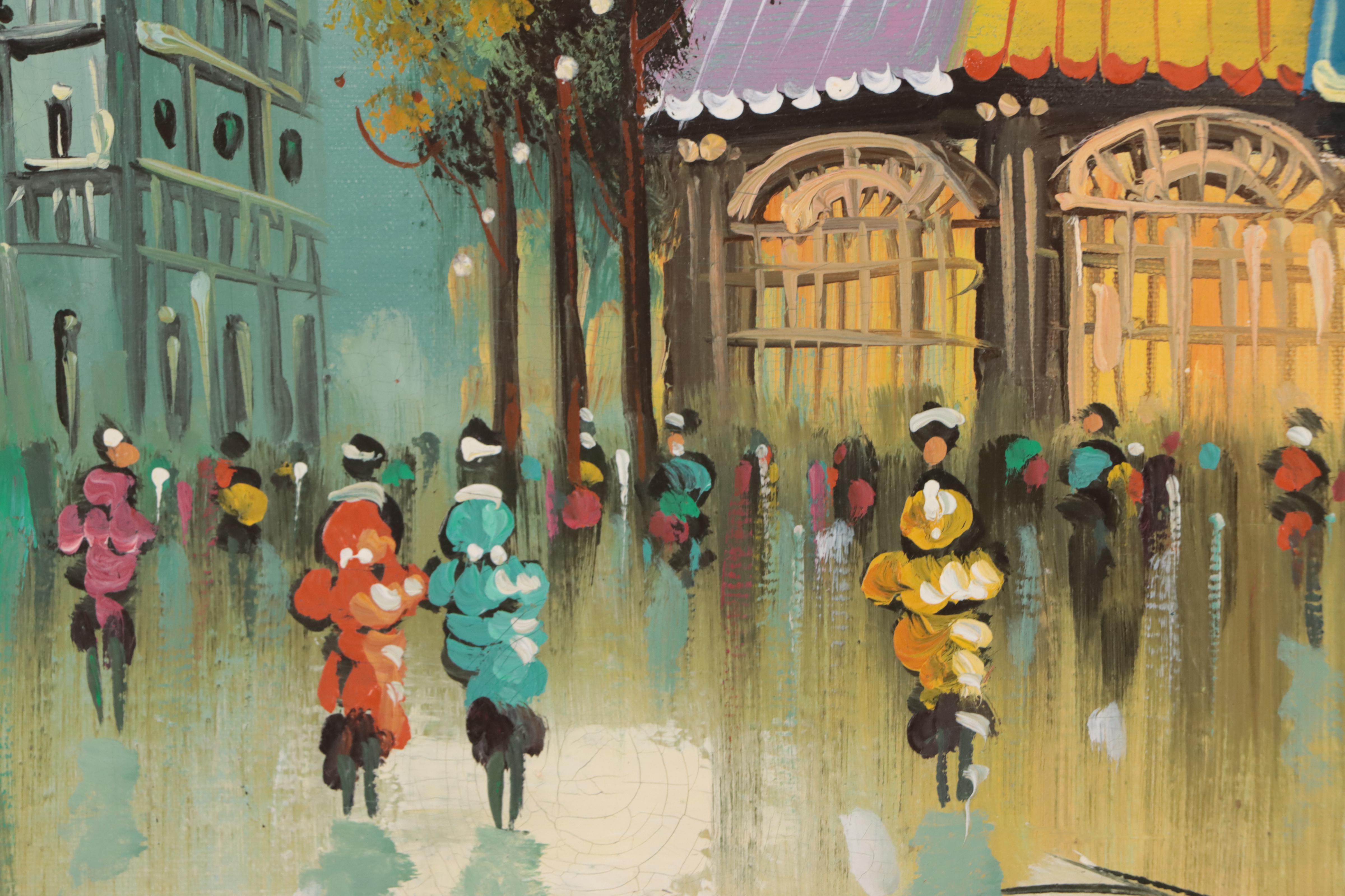 European Street Scene Oil Painting, Circa 1975