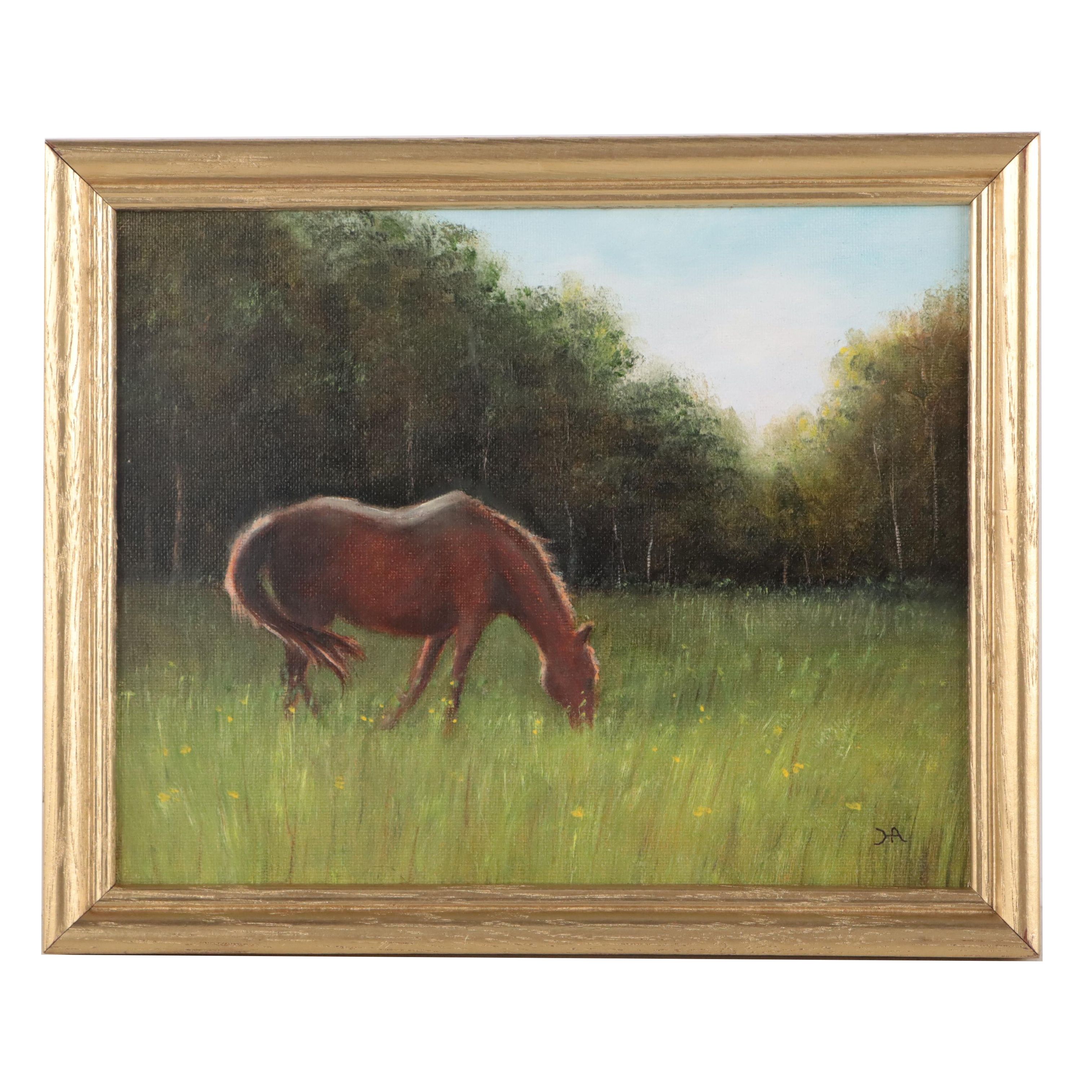 Houra H. Alghizzi Oil Painting of Horse "Grazing," 2023