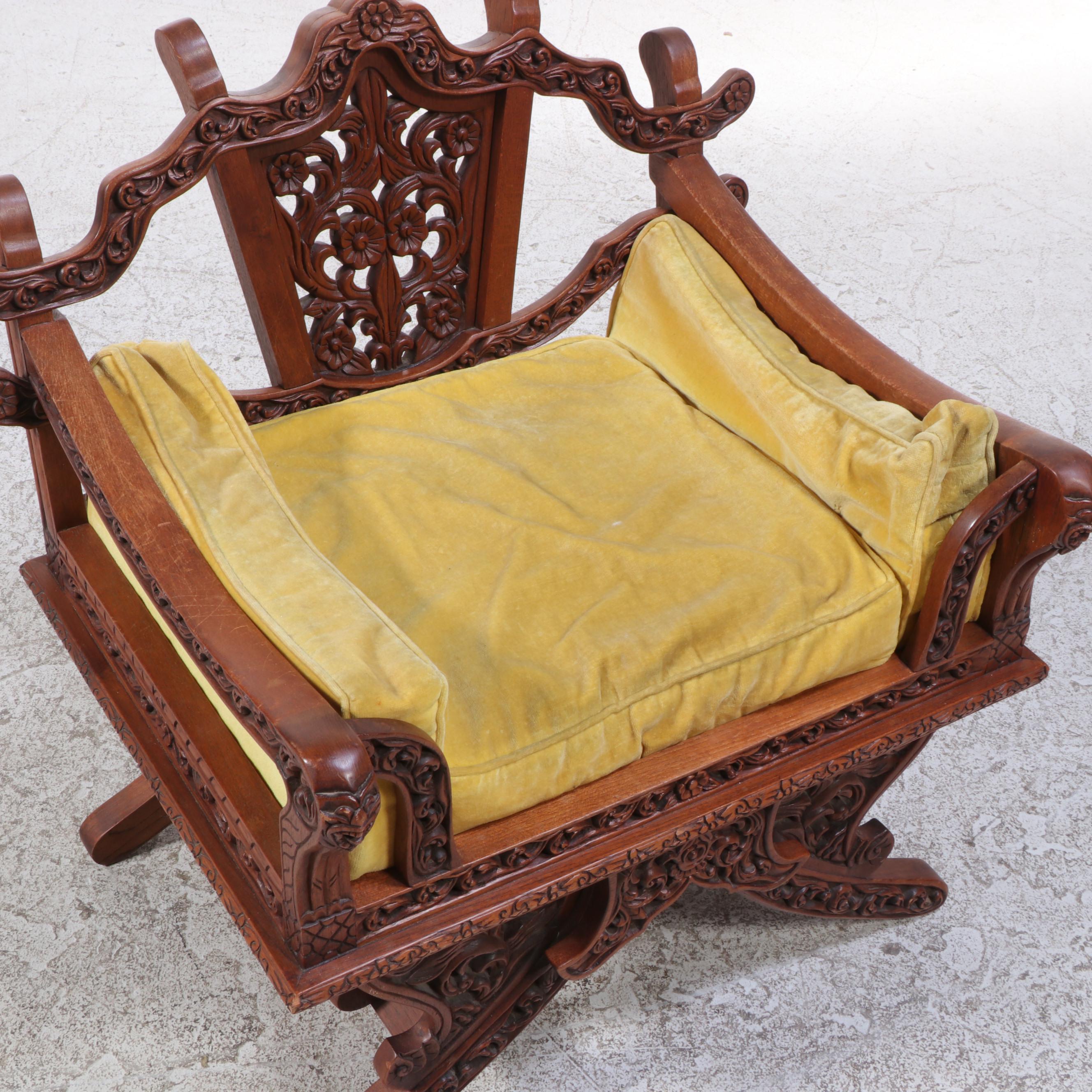 Indian Hand-Carved Wood Howdah Chair With Velvet Cushion