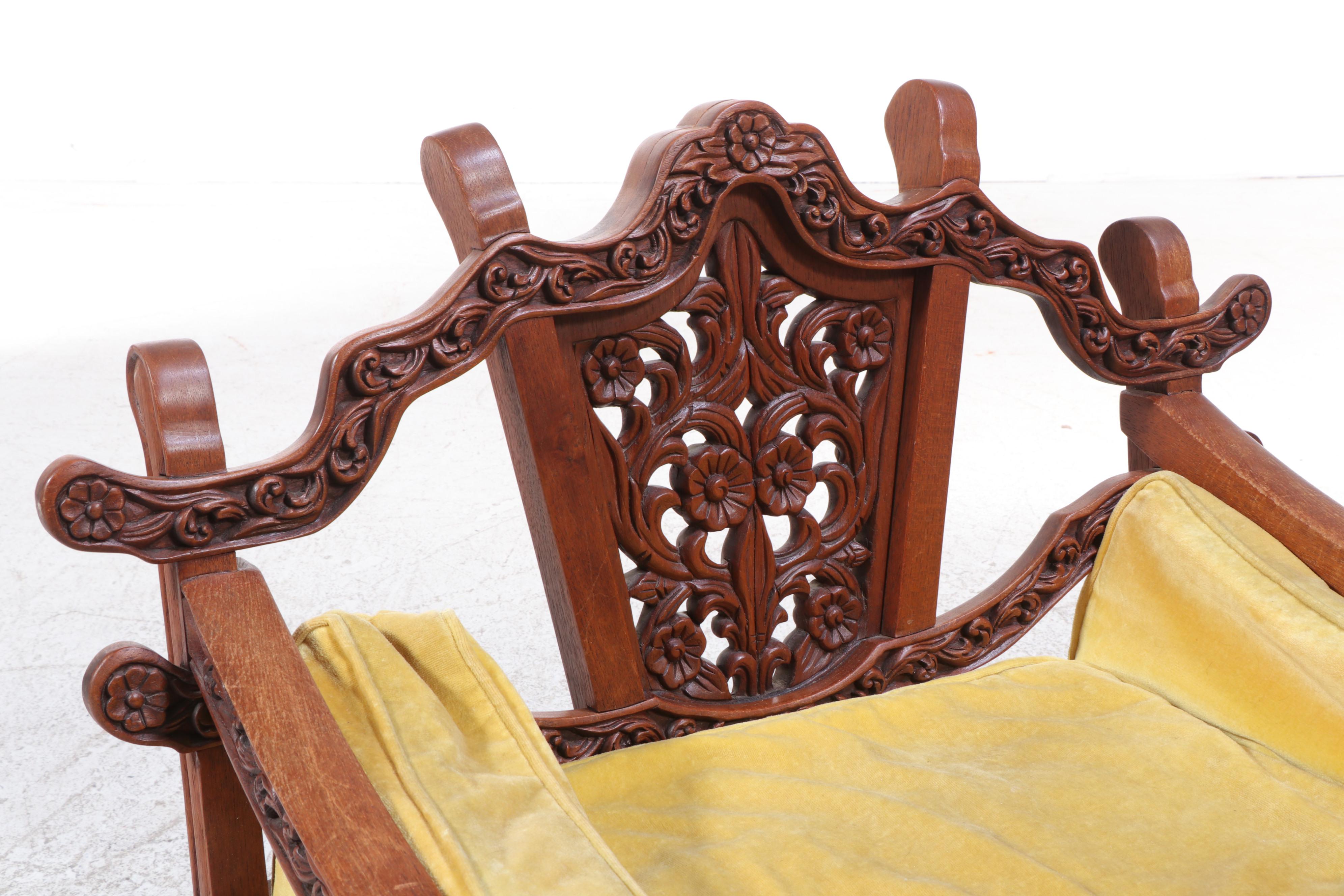 Indian Hand-Carved Wood Howdah Chair With Velvet Cushion