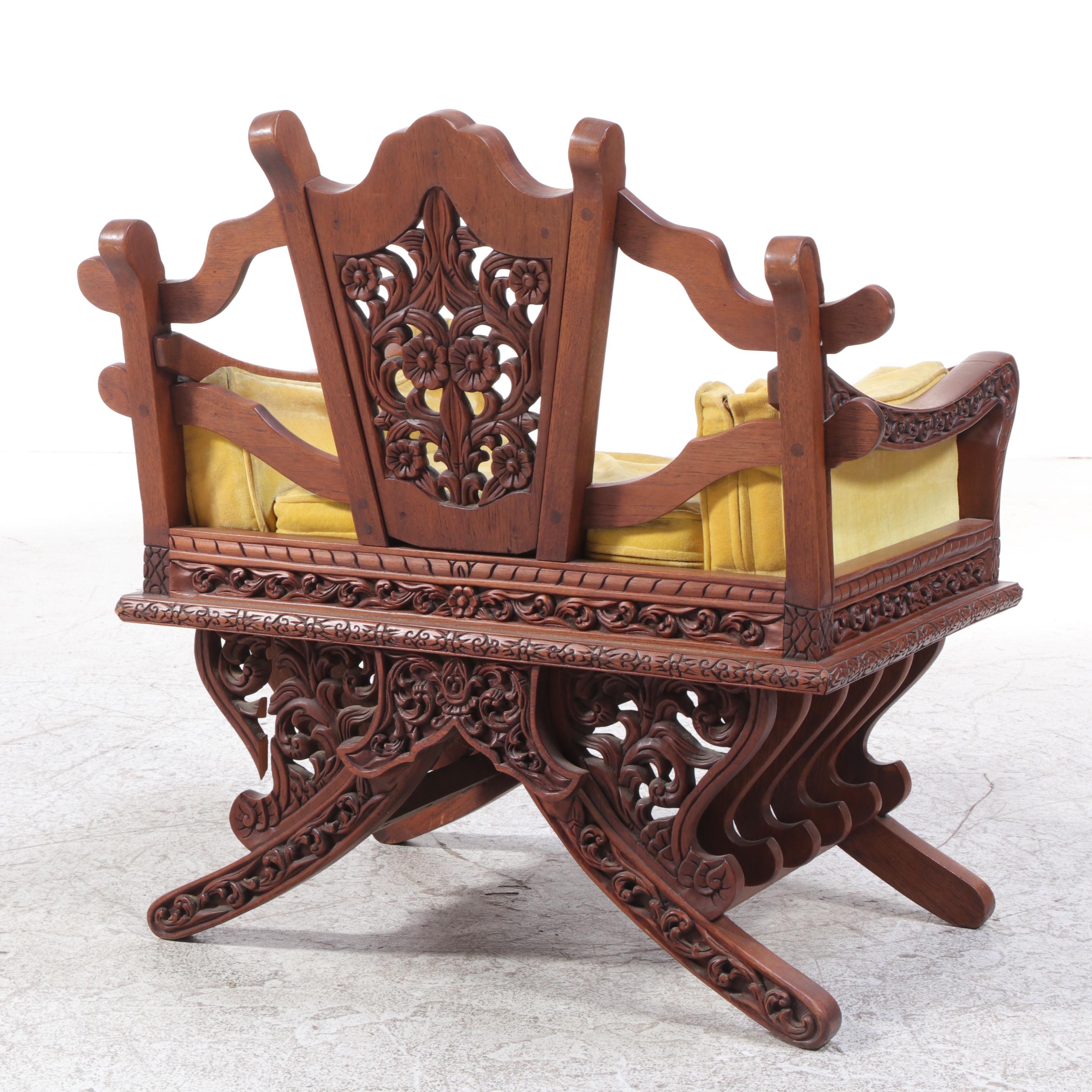 Indian Hand-Carved Wood Howdah Chair With Velvet Cushion