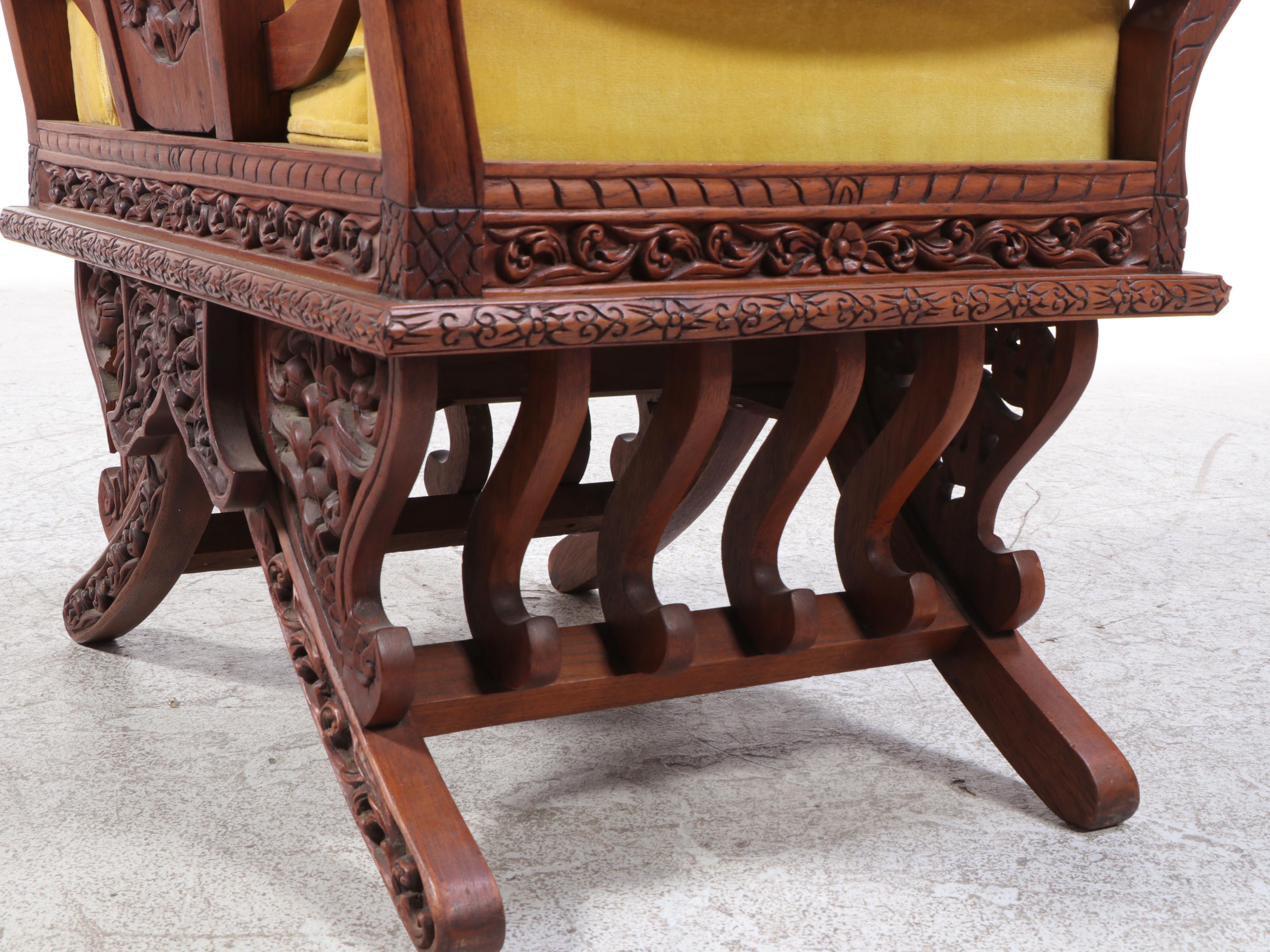 Indian Hand-Carved Wood Howdah Chair With Velvet Cushion